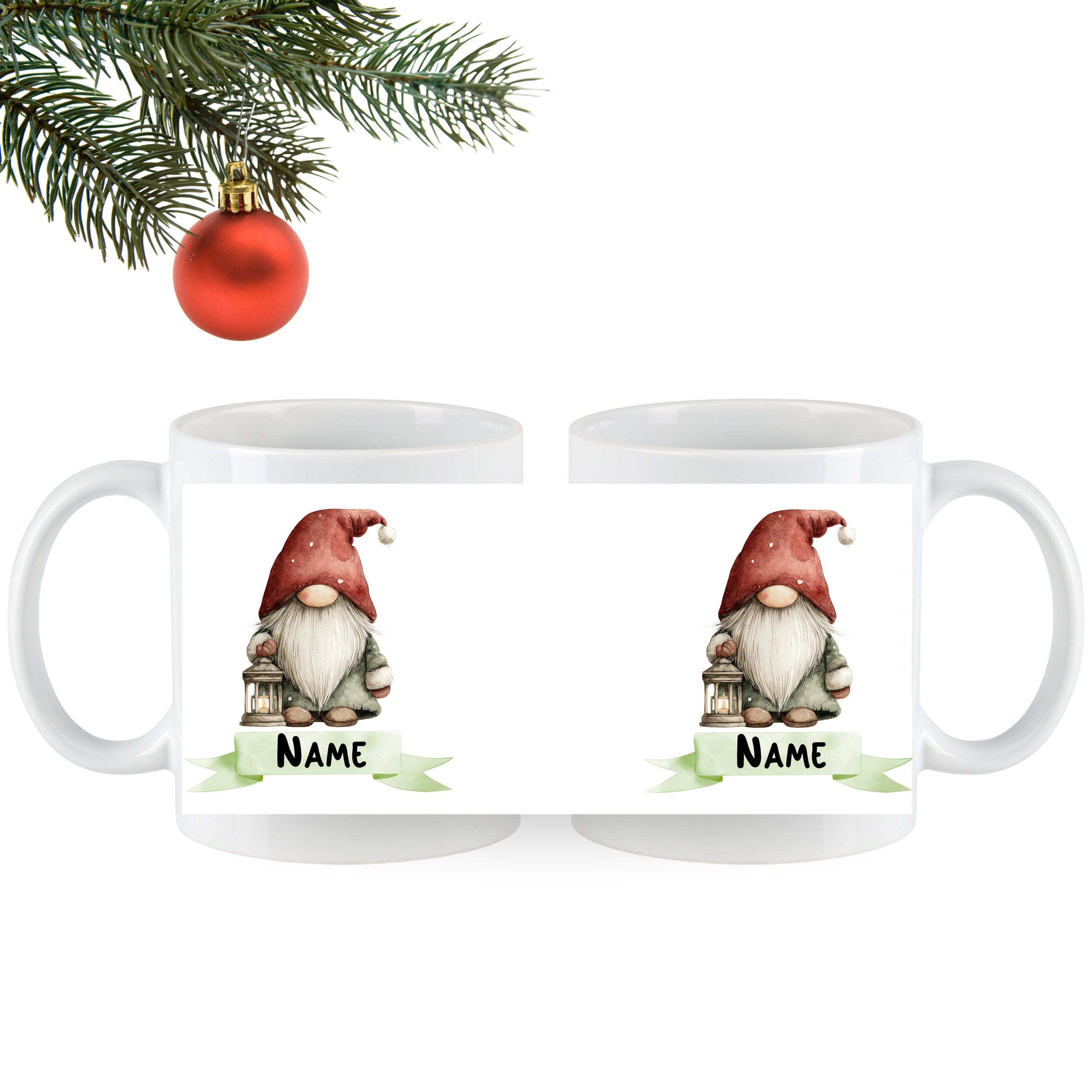 Weiße Tasse mit Gnome und personalisierbarem Namen.