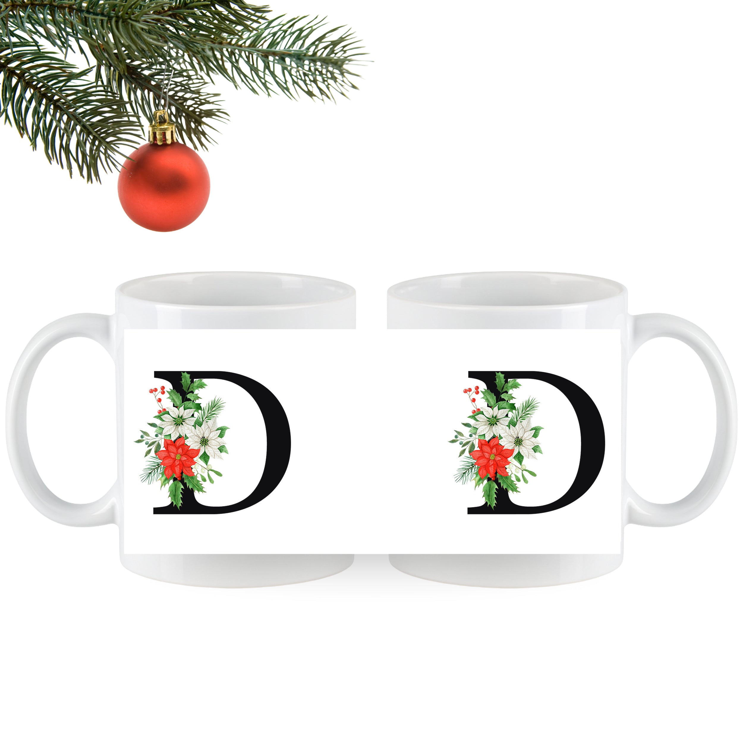 Weißer Becher mit roter Weihnachtsstern-Dekoration und Buchstaben D.