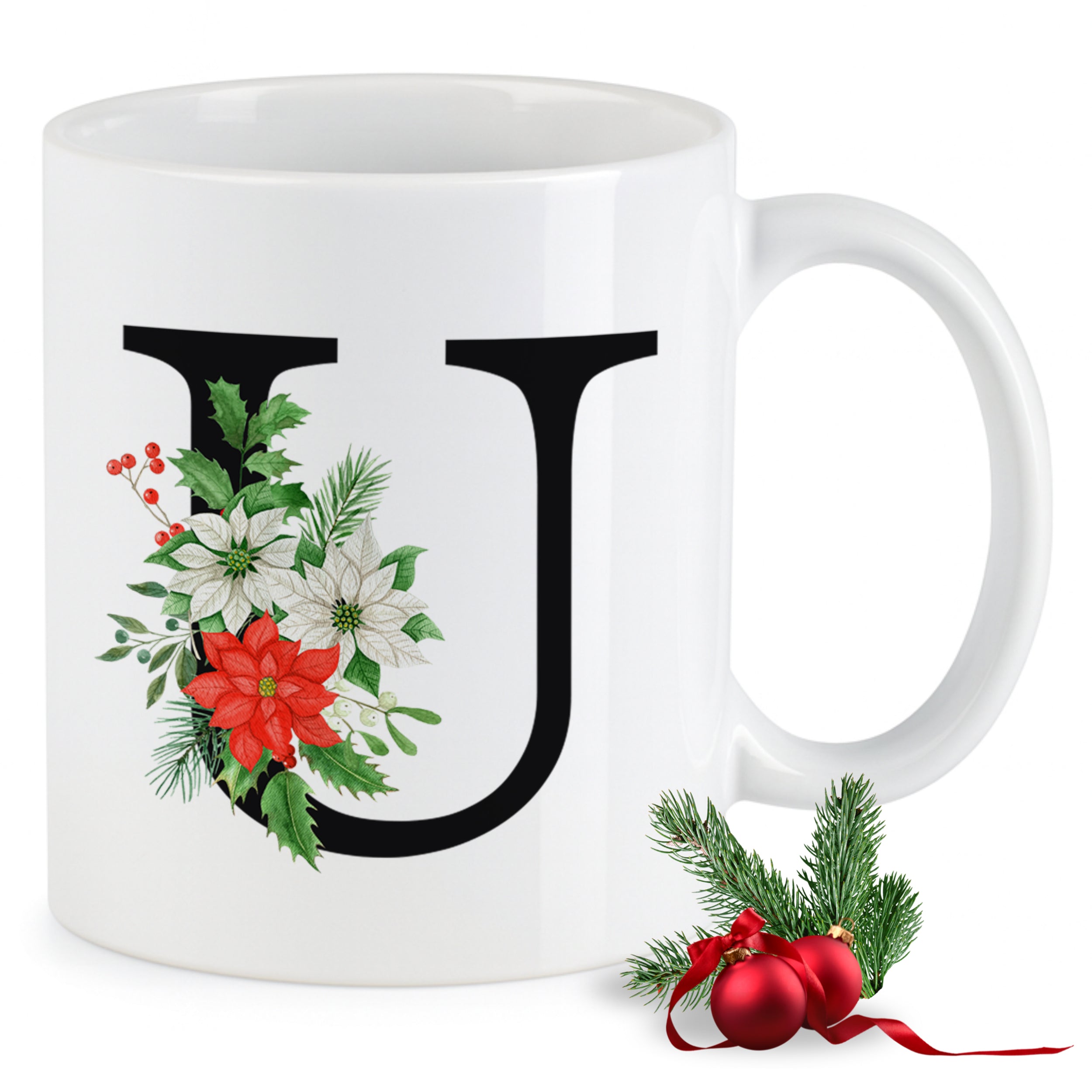 Weißer Becher mit floralem Weihnachtsdesign und Buchstaben U.