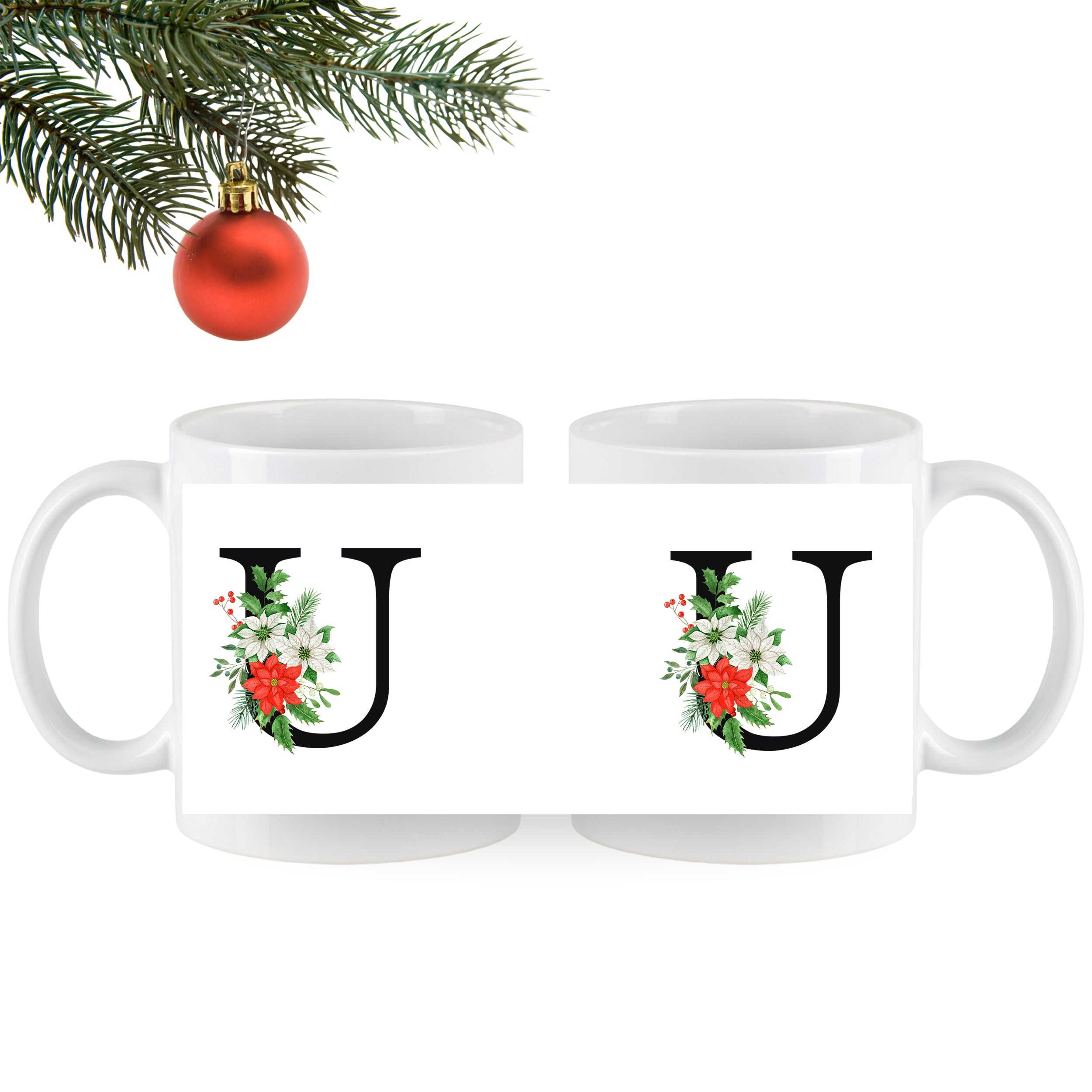 Weiße Tassen mit floralem Design und Buchstaben "U"