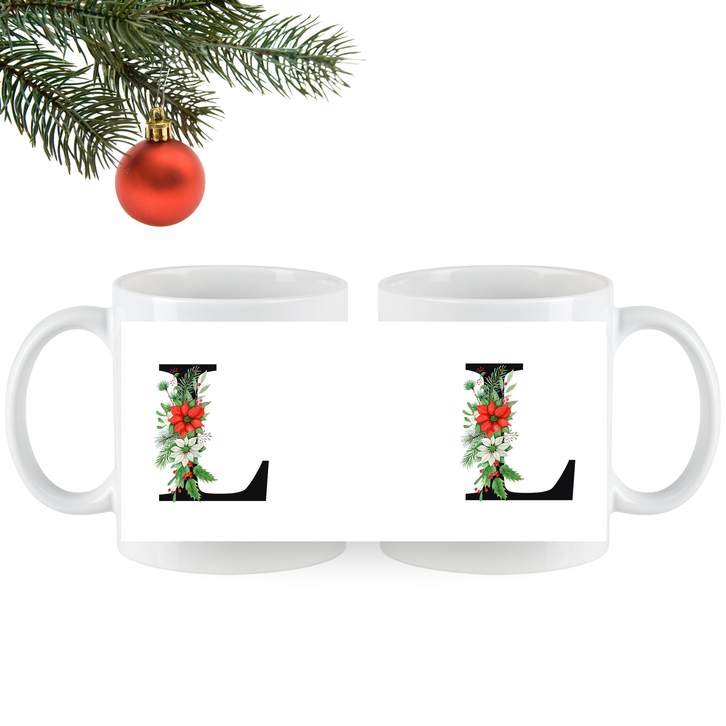 Zwei weiße Tassen mit floralem "L"-Design.