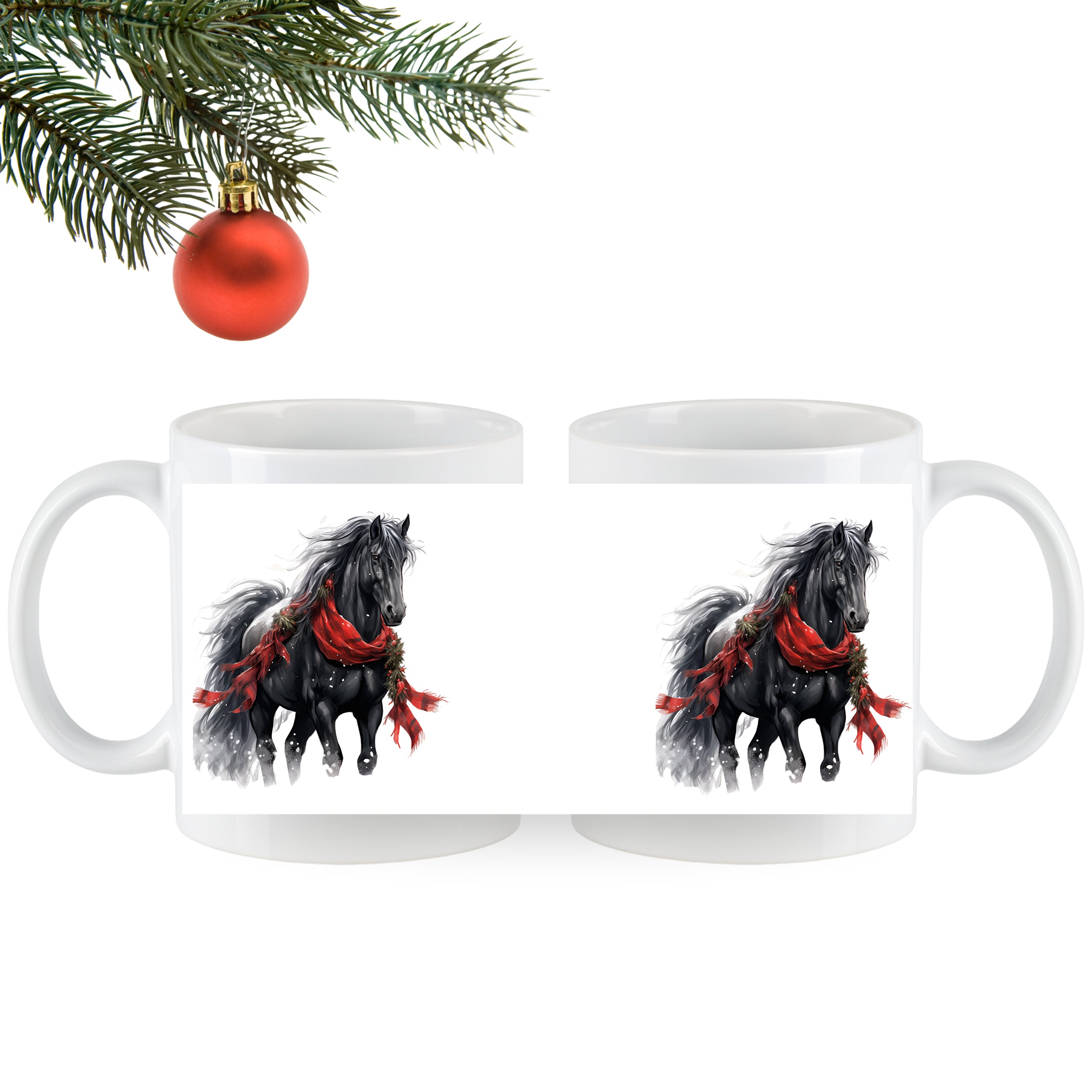 Schwarze Tasse mit Pferdemotiv und rotem Schal.