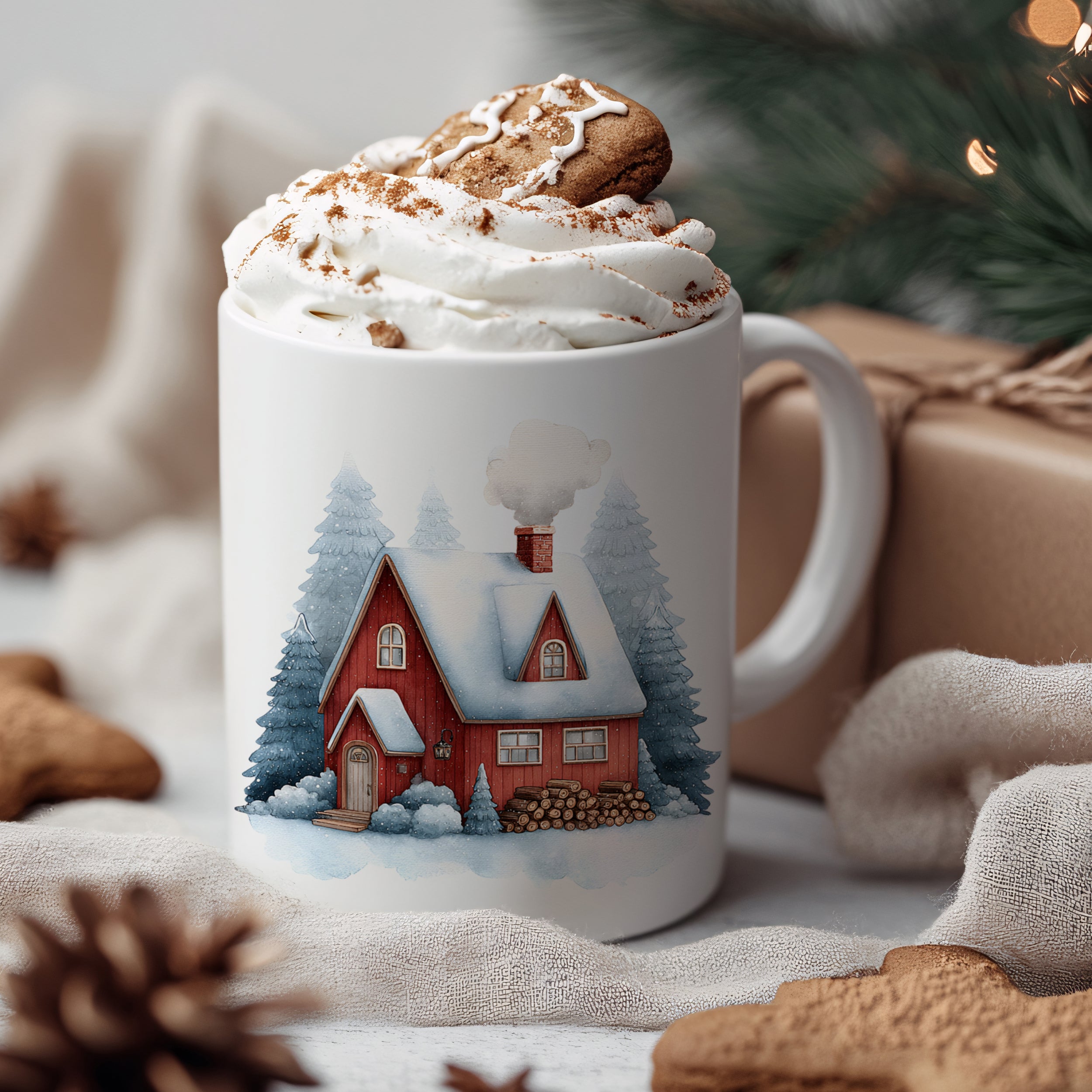 Tasse mit Winterhaus