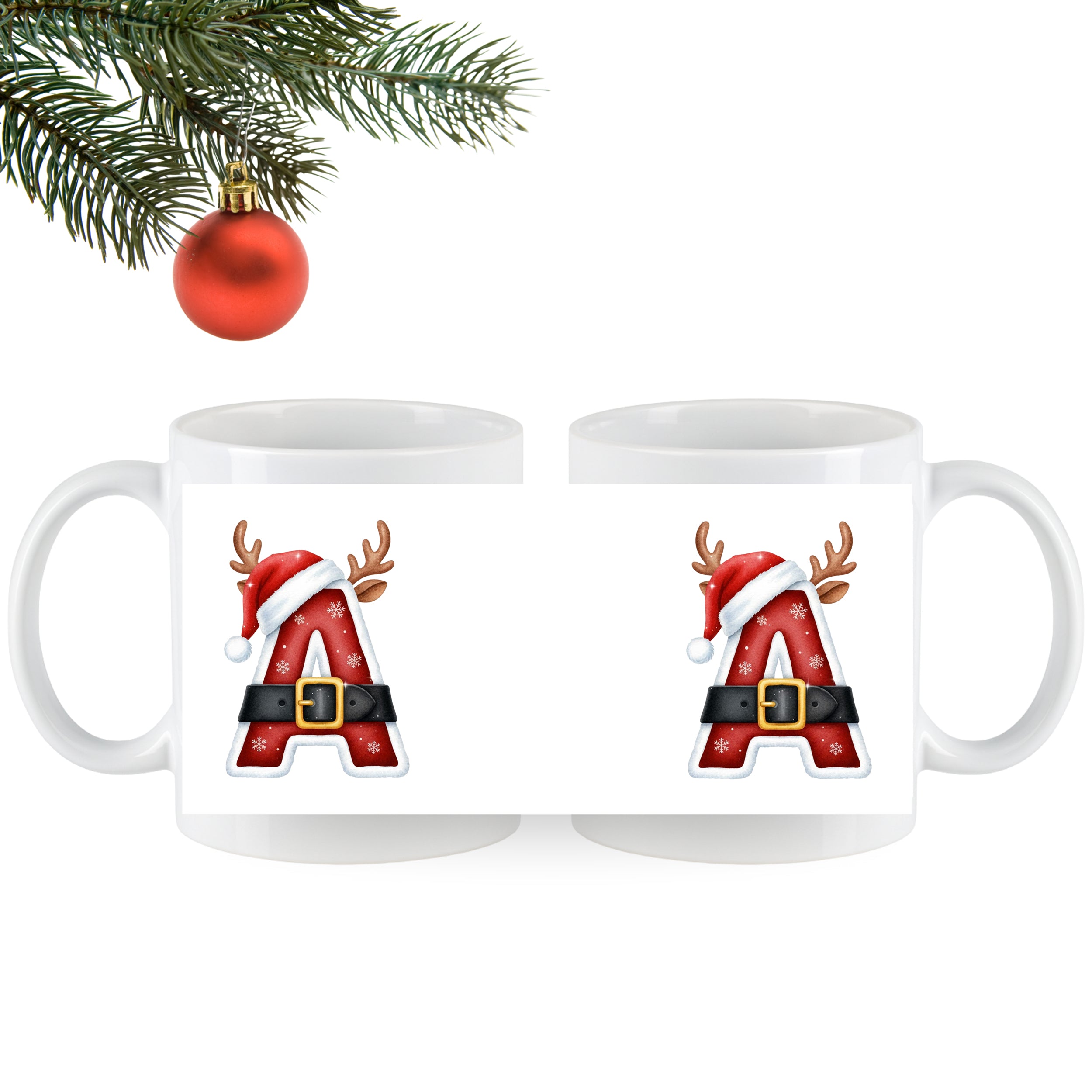 Weihnachtliche Tasse mit rotem Buchstaben A, Weihnachtsmannmütze.