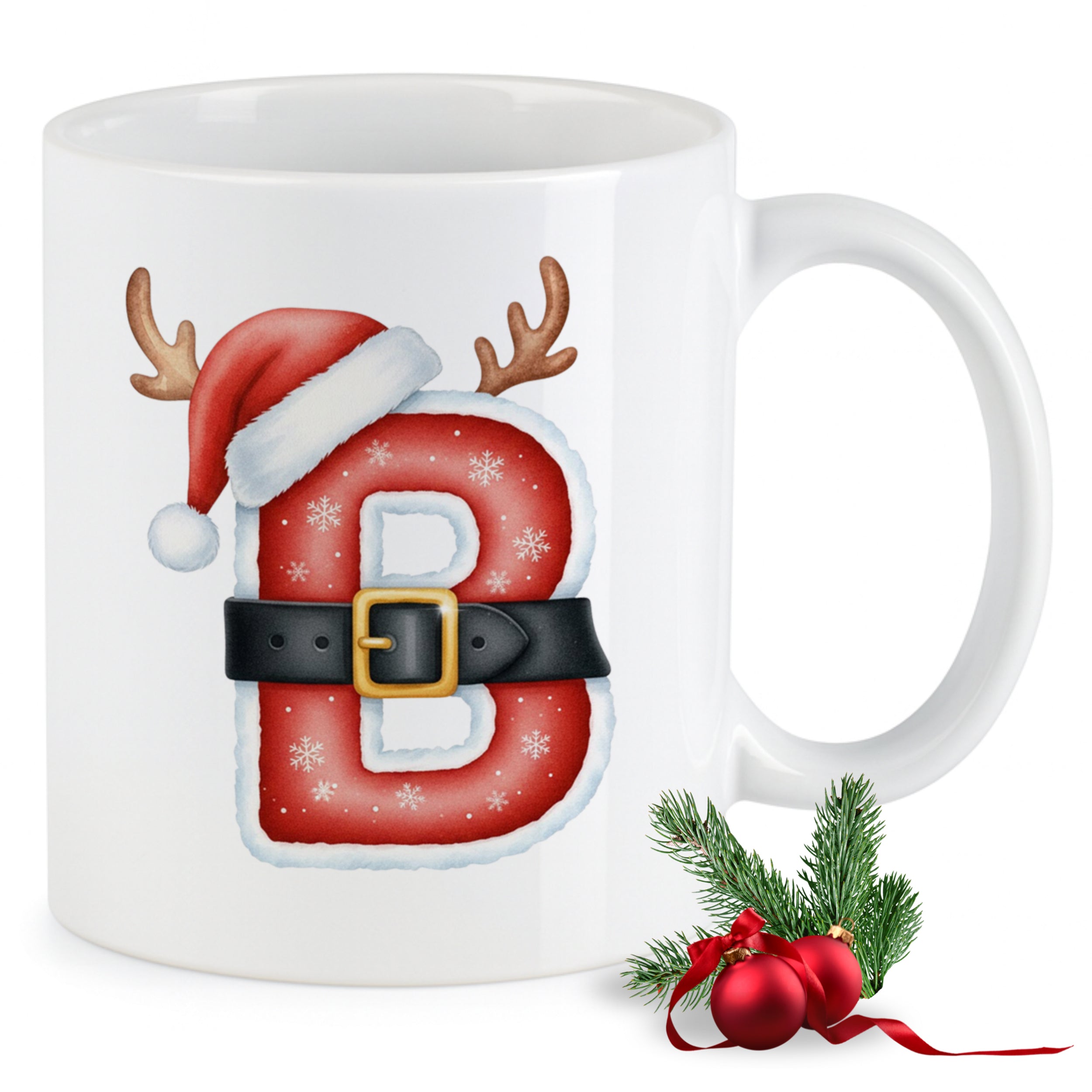 Weißer Becher mit rotem Weihnachtsdesign und Buchstaben B.