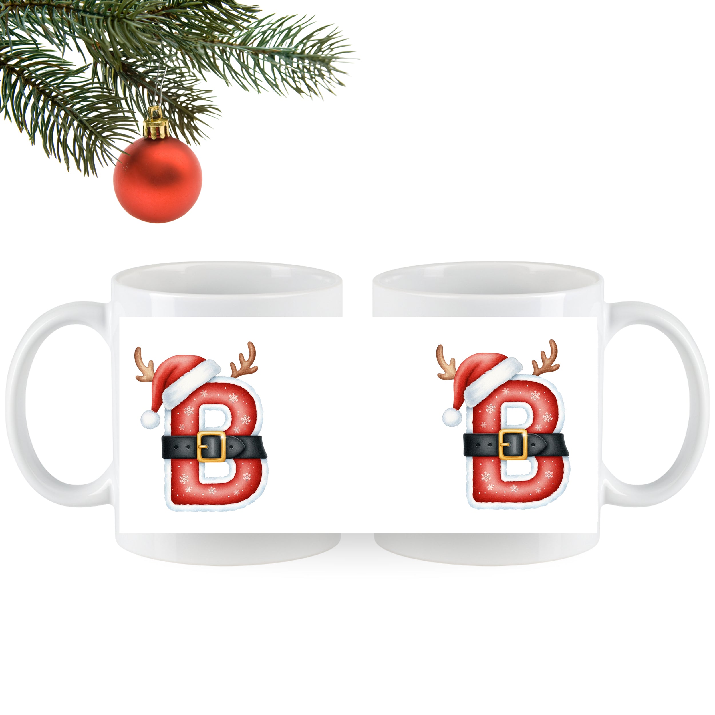 Weihnachtliche Tasse mit rotem "B" und Santa-Hut.