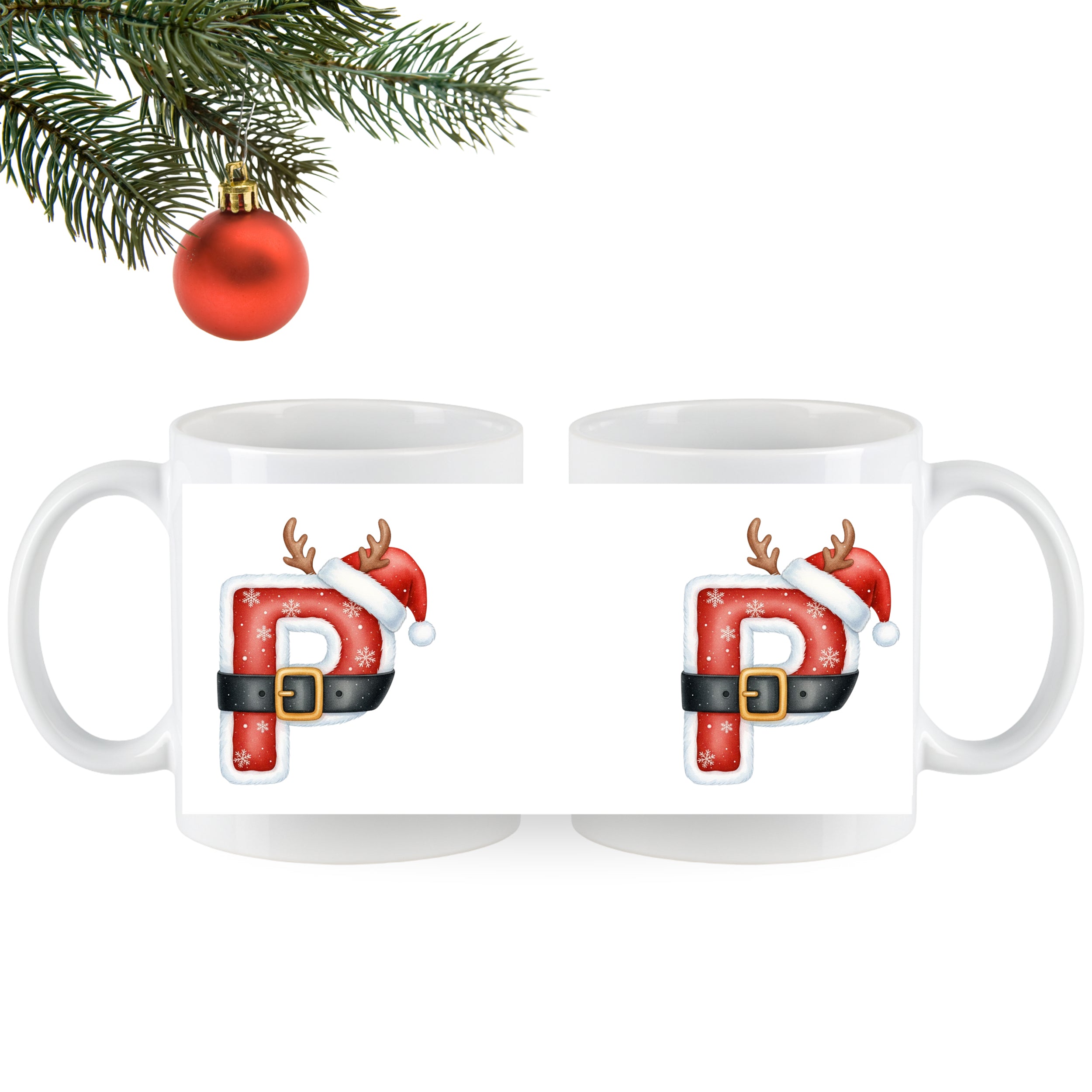Weihnachtliche Tassen mit rotem "P", Rentiergeweih und Mütze.
