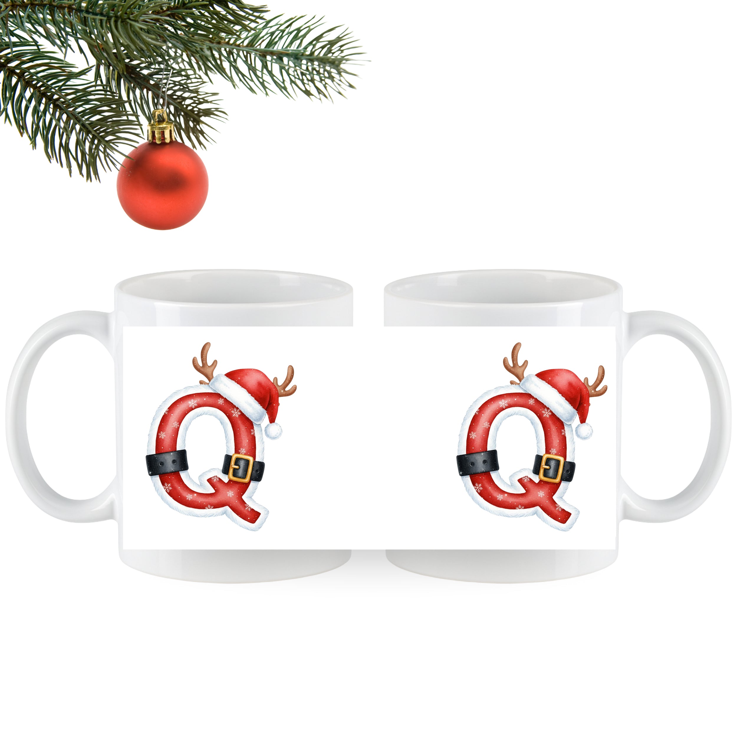 Weiße Tassen mit Weihnachtsmotiv und rotem Buchstaben Q