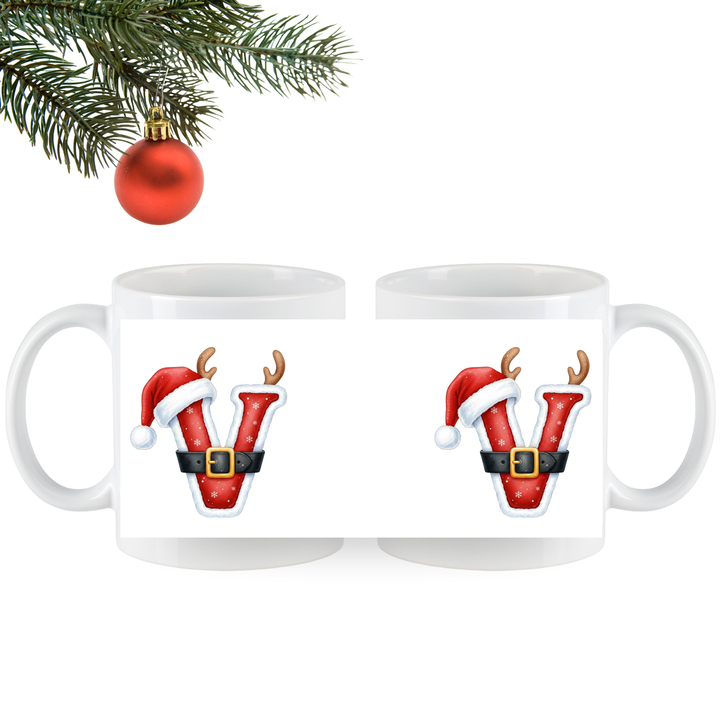 Weihnachtliche Tasse mit rotem "V" und Rentiergeweih.