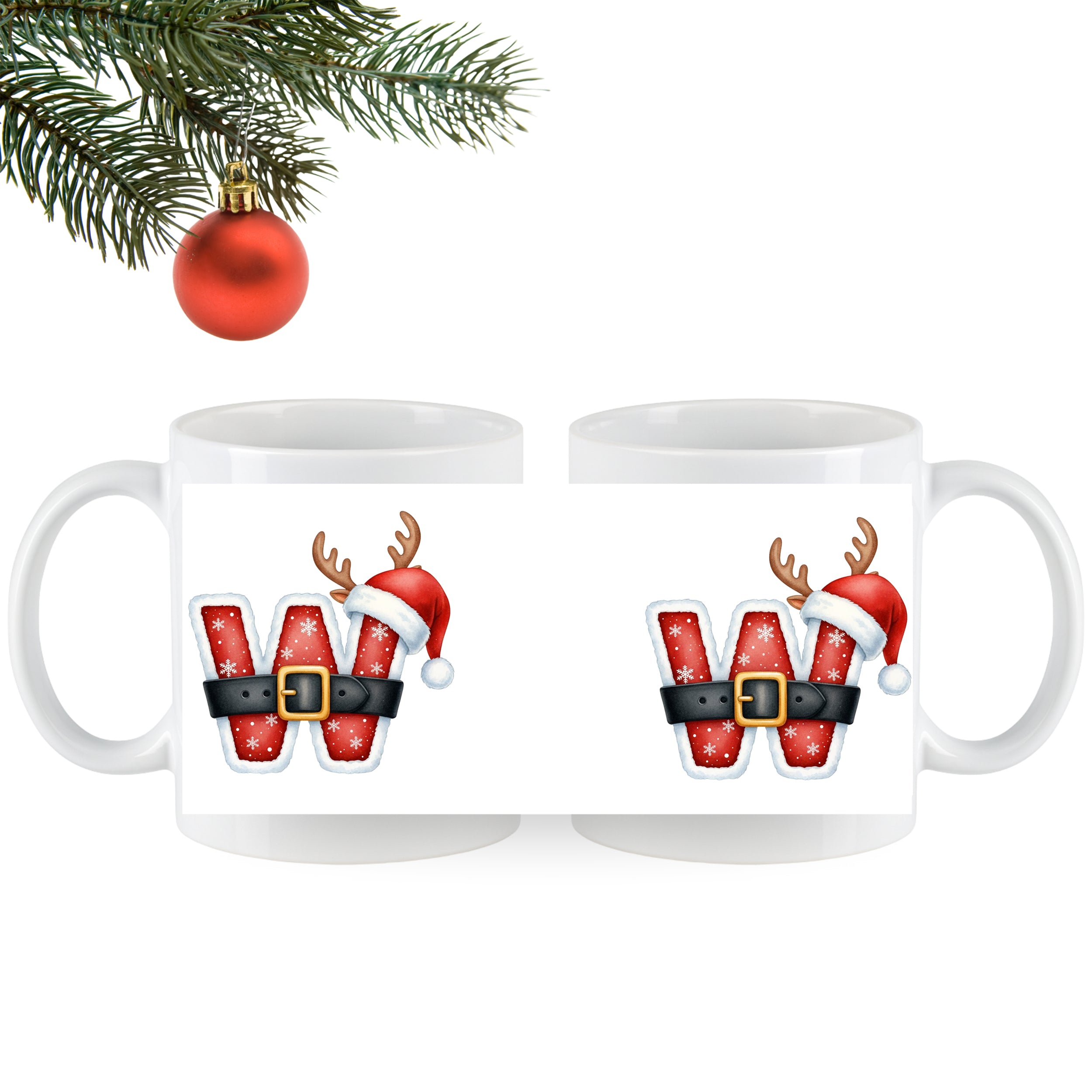 Weihnachtliche Tassen mit rotem Design und Rentiergeweih.