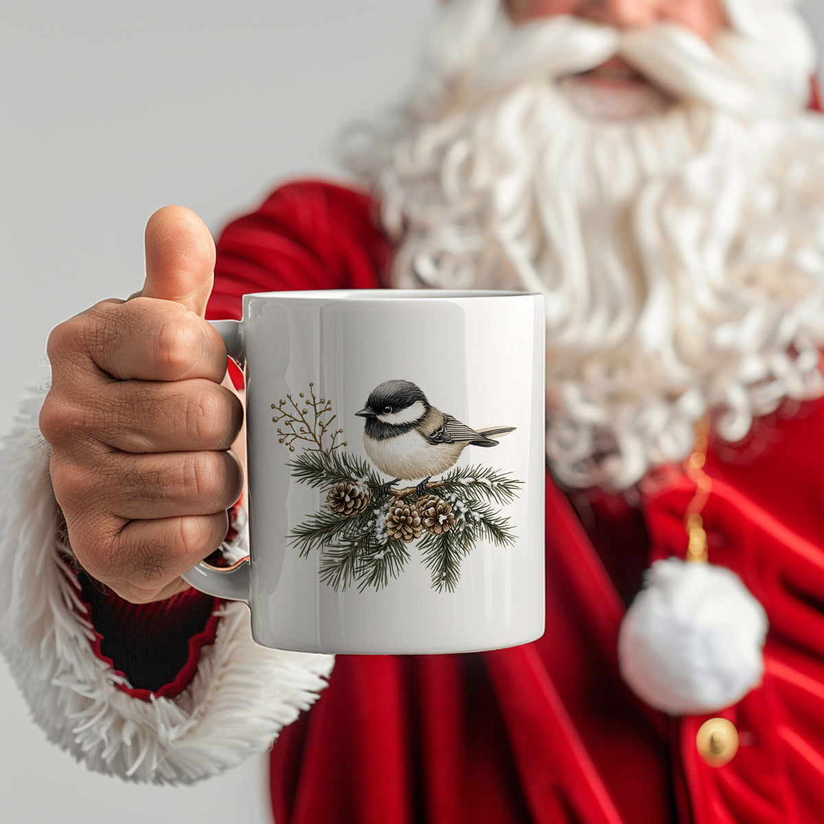 Tasse mit Vogelmotiv, grün-weiße Farben, Weihnachtsdesign.