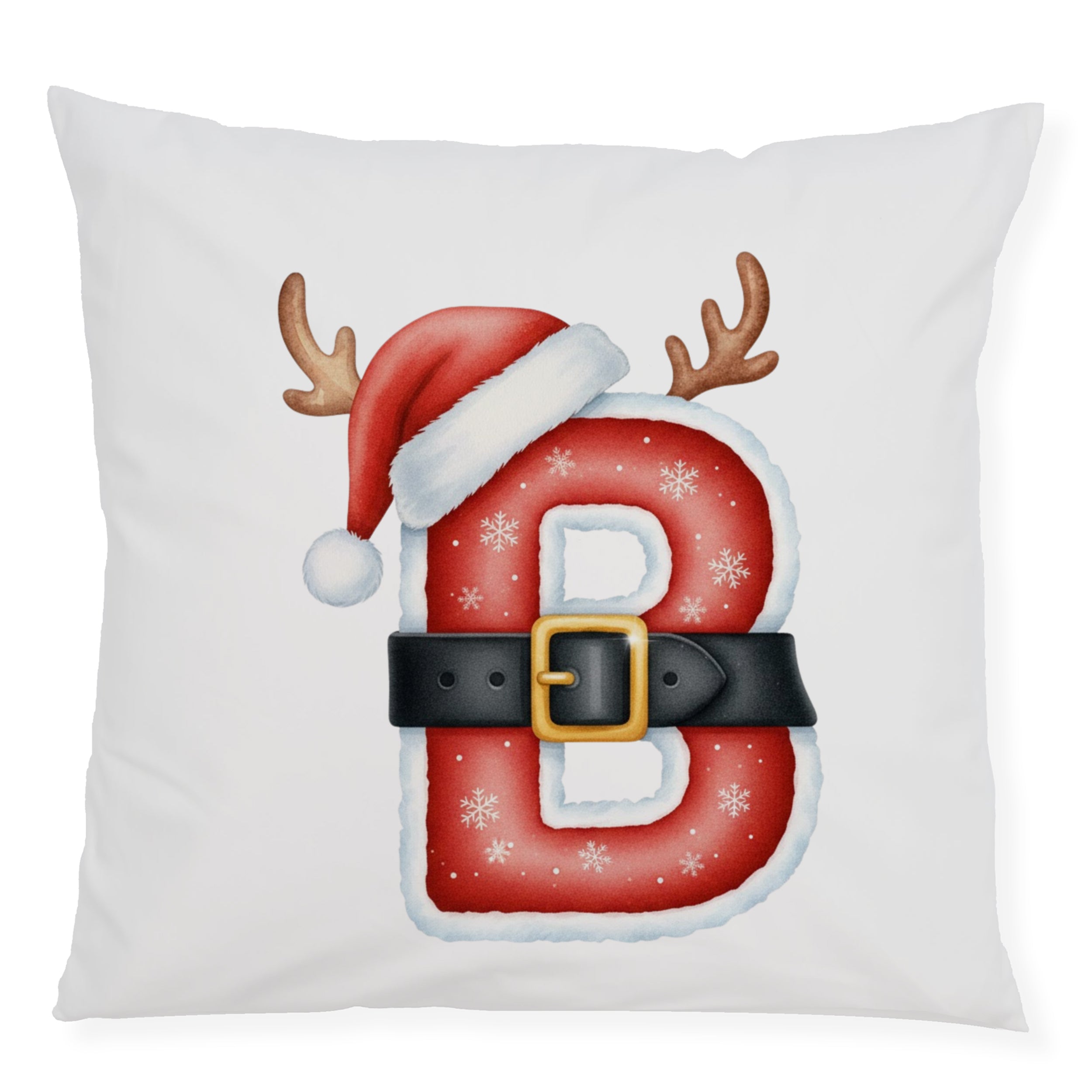 Weihnachtliches Kissen mit rotem "B", Mütze und Geweihen.