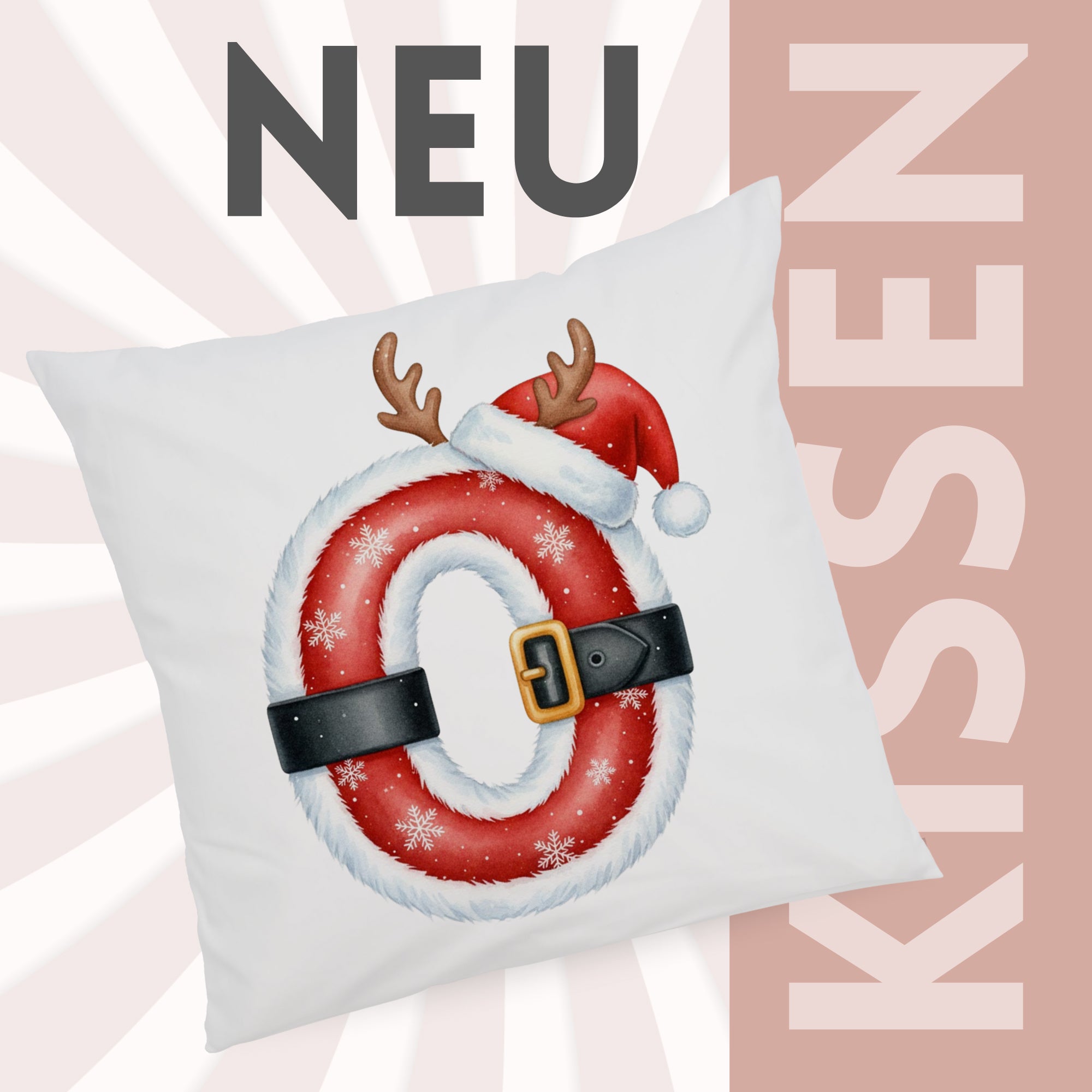 Kissen mit rotem Weihnachtsdesign und Rentiergeweih.