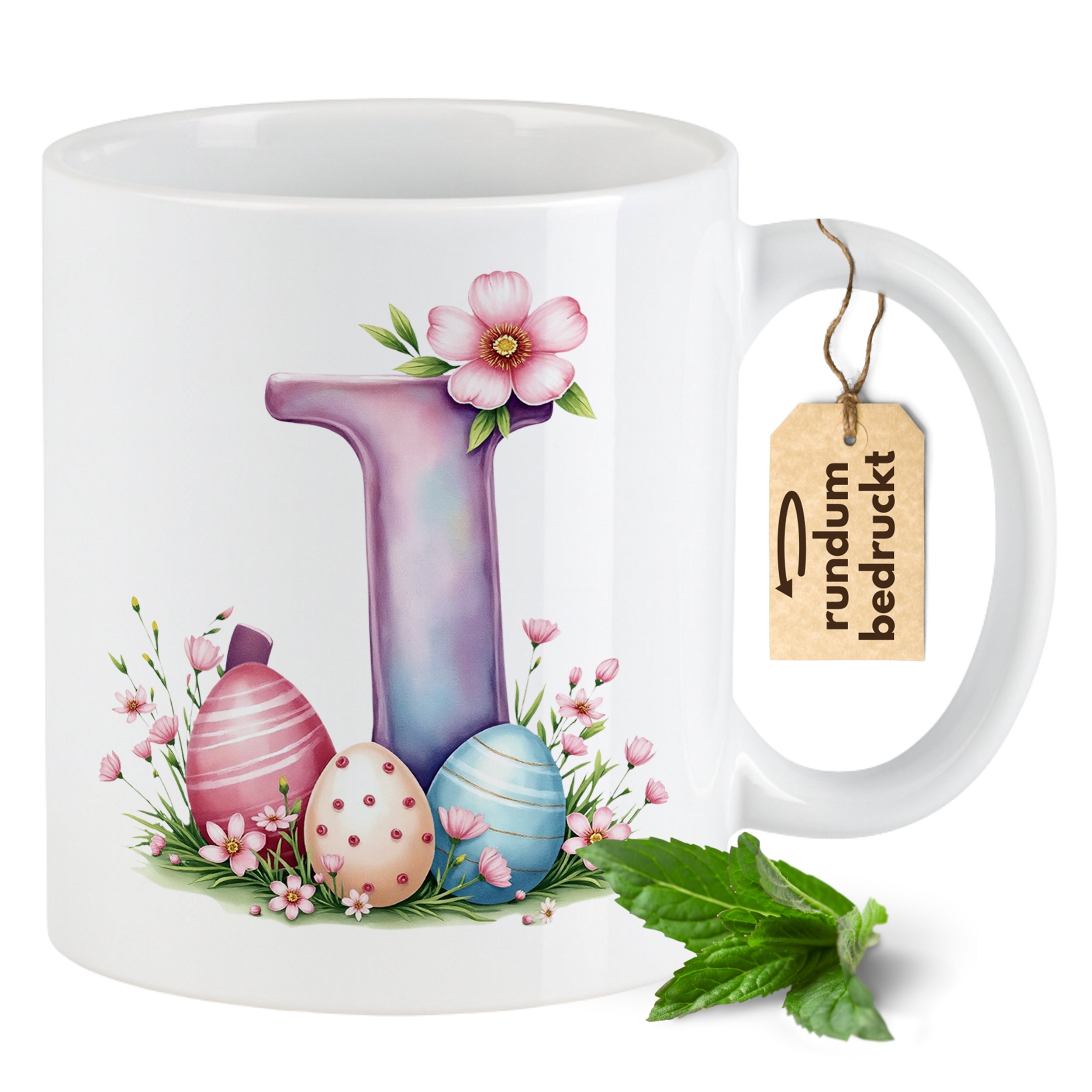 Tasse mit buntem Buchstaben und Ostereiern, florales Design.
