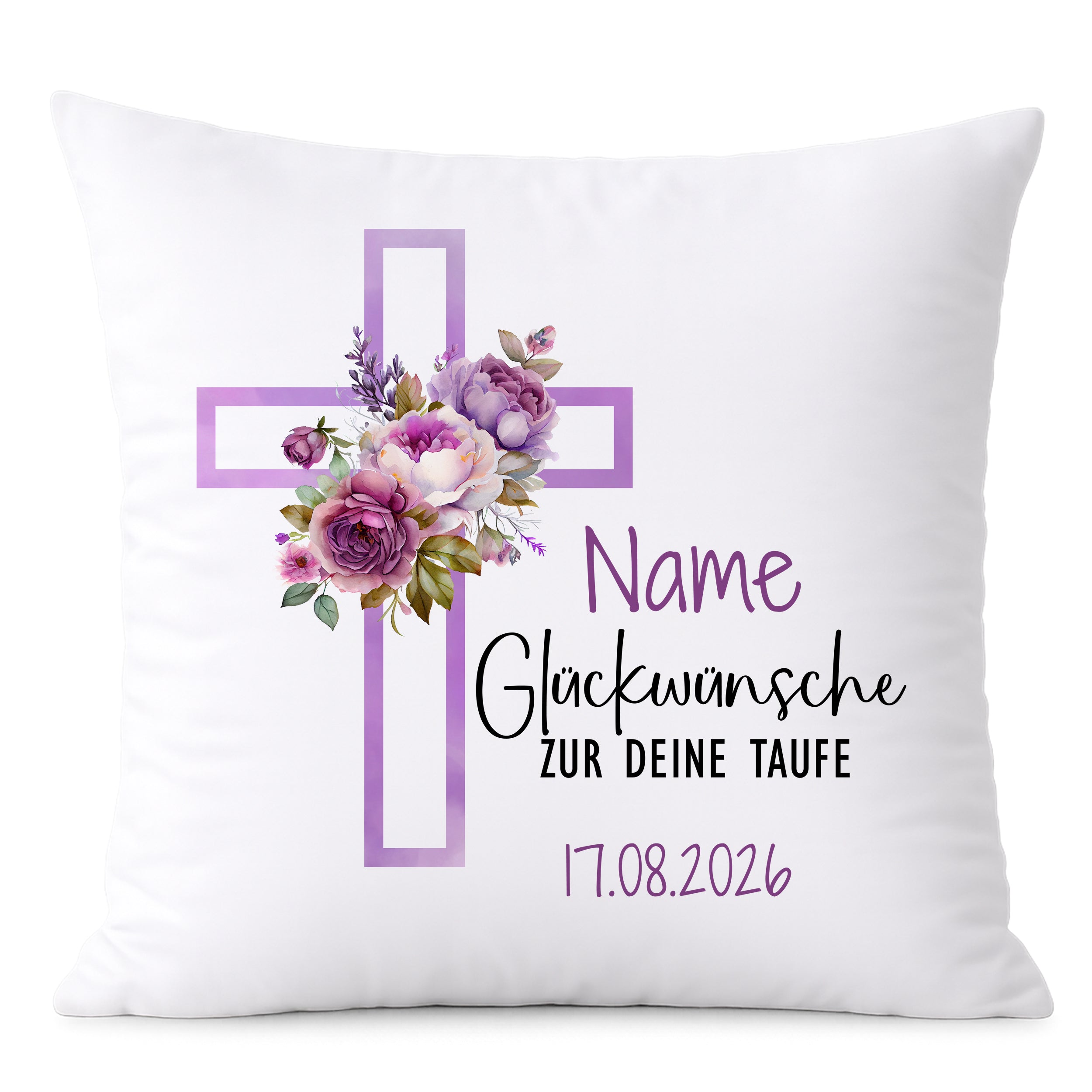 Kissen mit Kreuz und Blumen - Herzliche Glückwünsche zur Taufe
