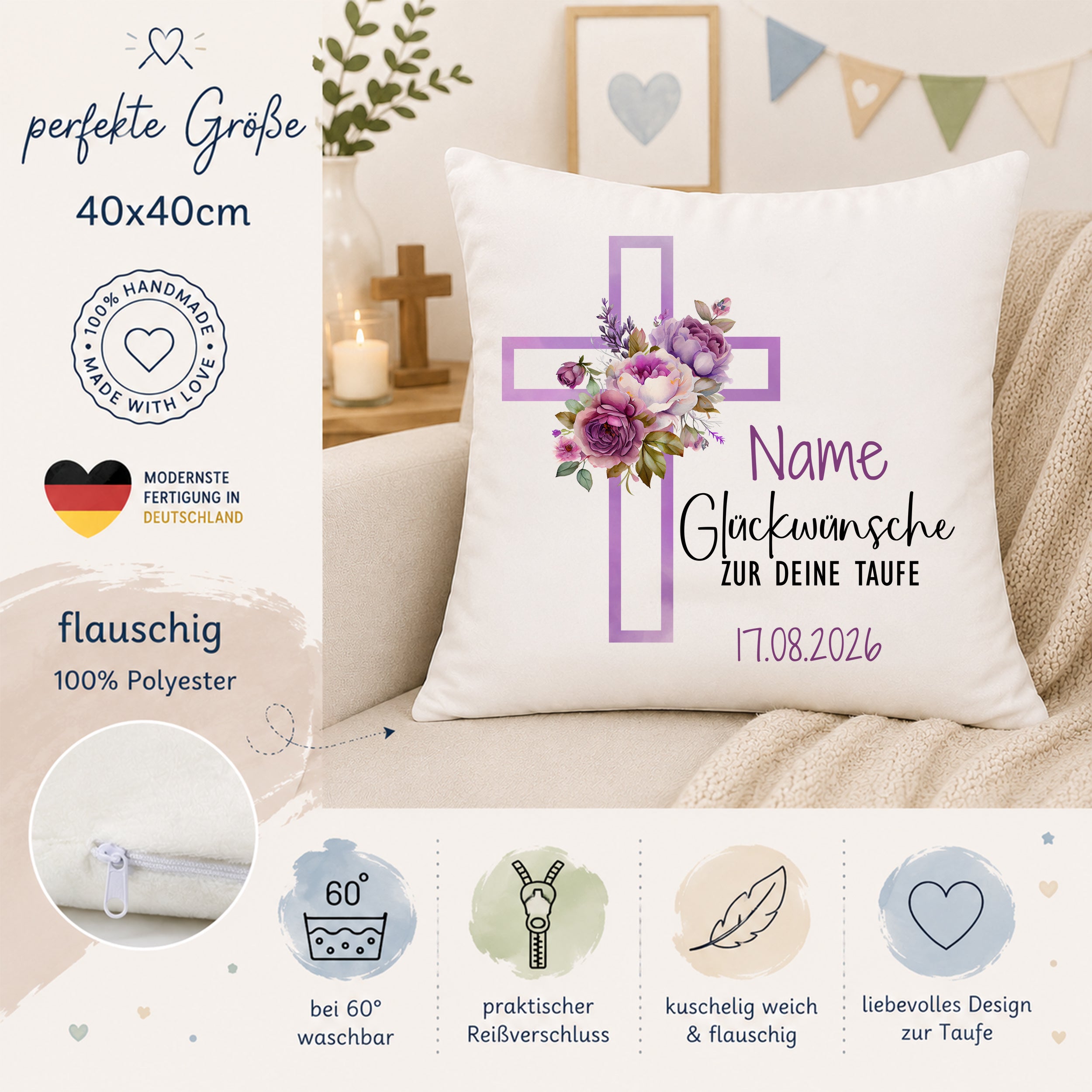 Kissen mit Kreuz und Blumen - Herzliche Glückwünsche zur Taufe