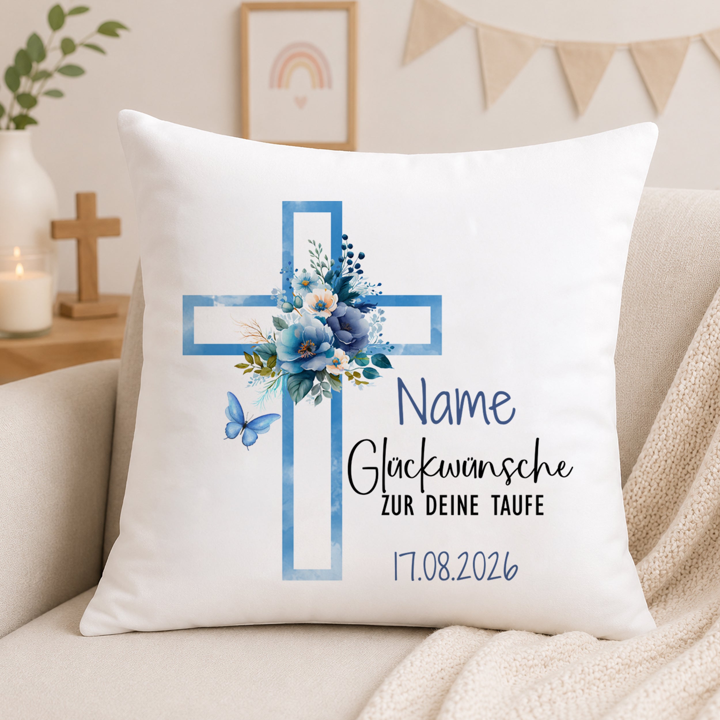 Kissen mit Kreuz - Glückwünsche zur Taufe