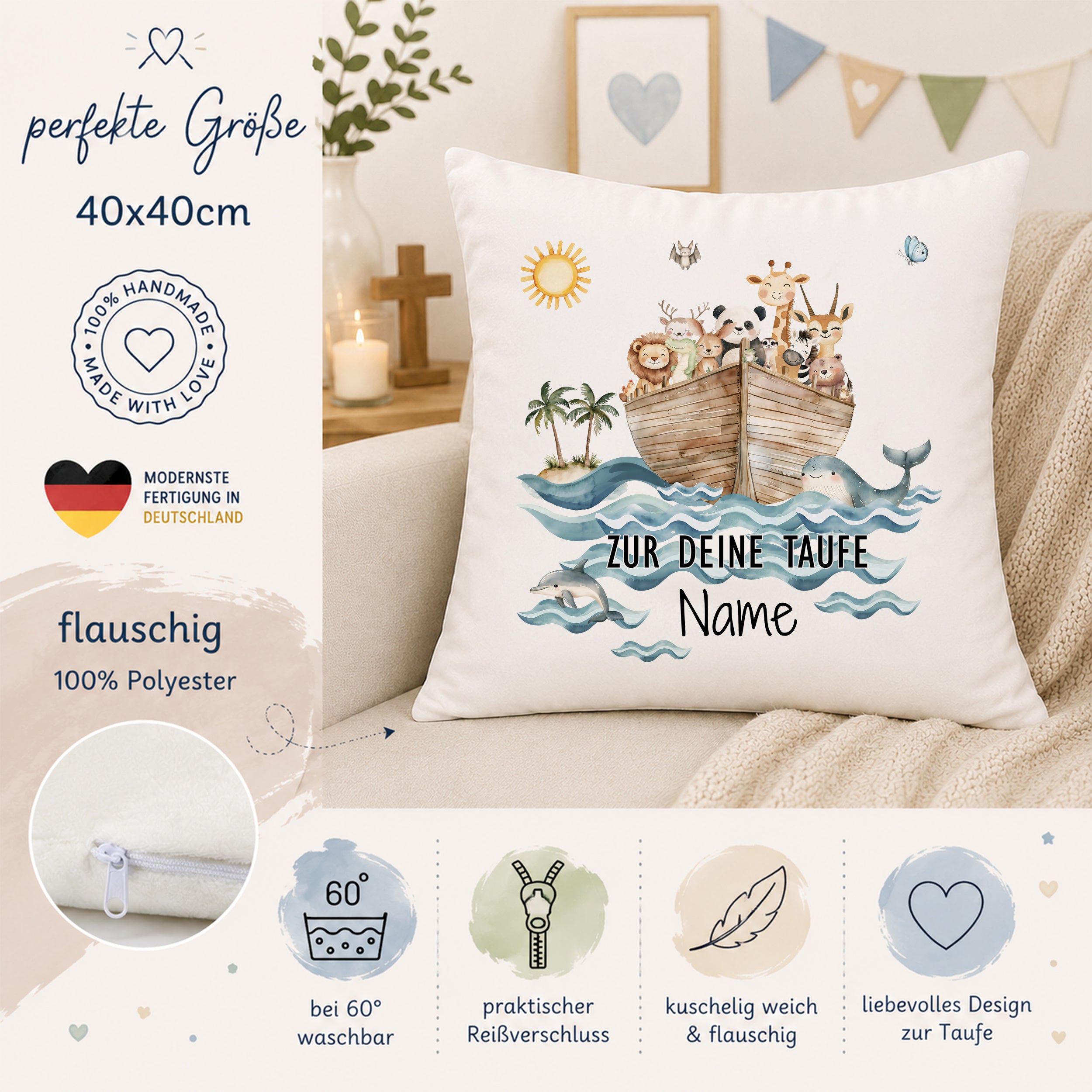 Kissen Taufe mit Arche Noah Tiere
