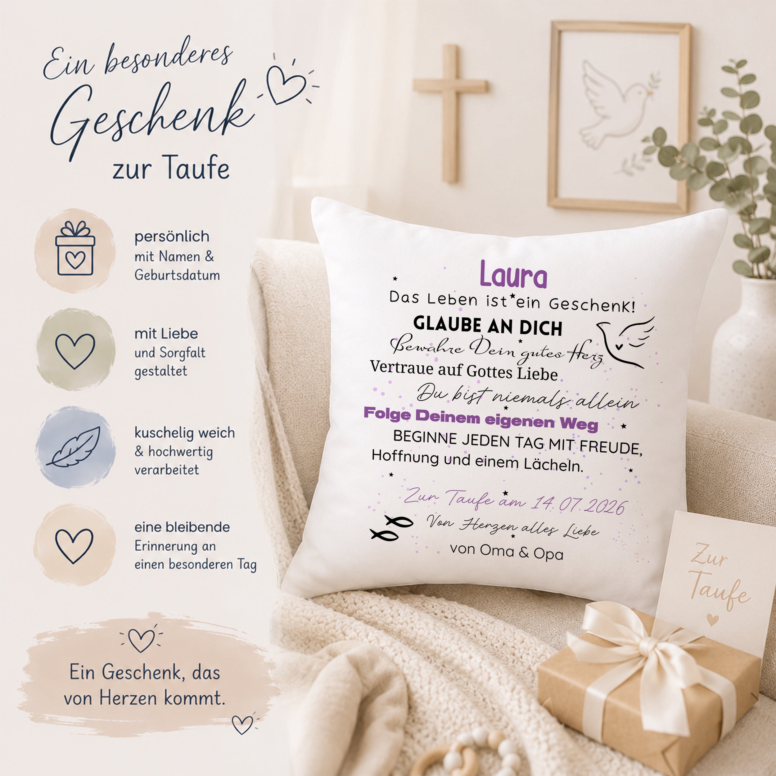 Kissen zur Taufe mit persönlichem Wunschtext - Ein Geschenk der Hoffnung