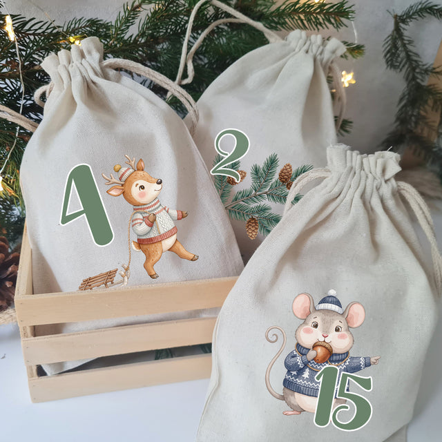 Fertig bedruckte Stoffbeutel für Adventskalender