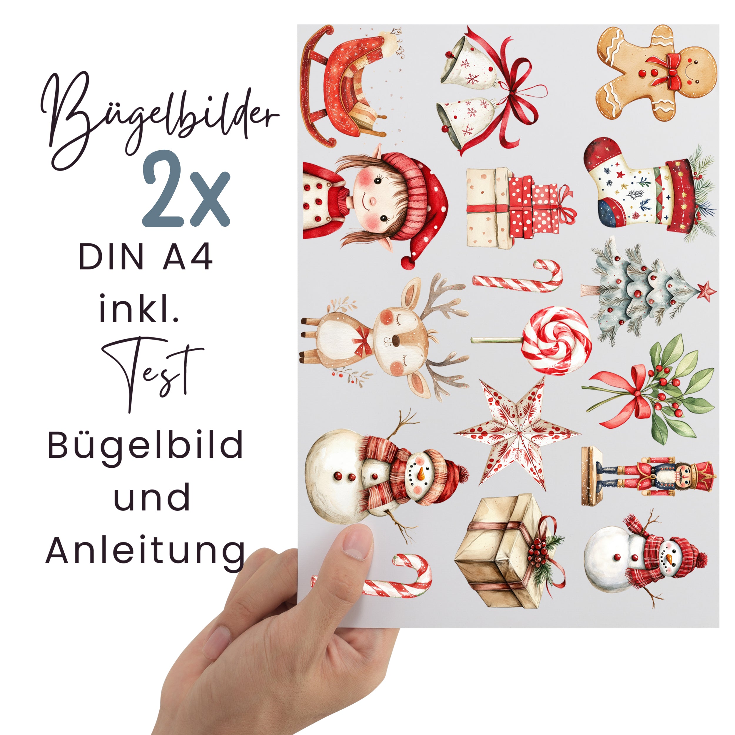 Bügelbilder Weihnachtsmotive auf zwei DIN-A4-Bögen inklusive Testmotiv und Bügelanleitung
