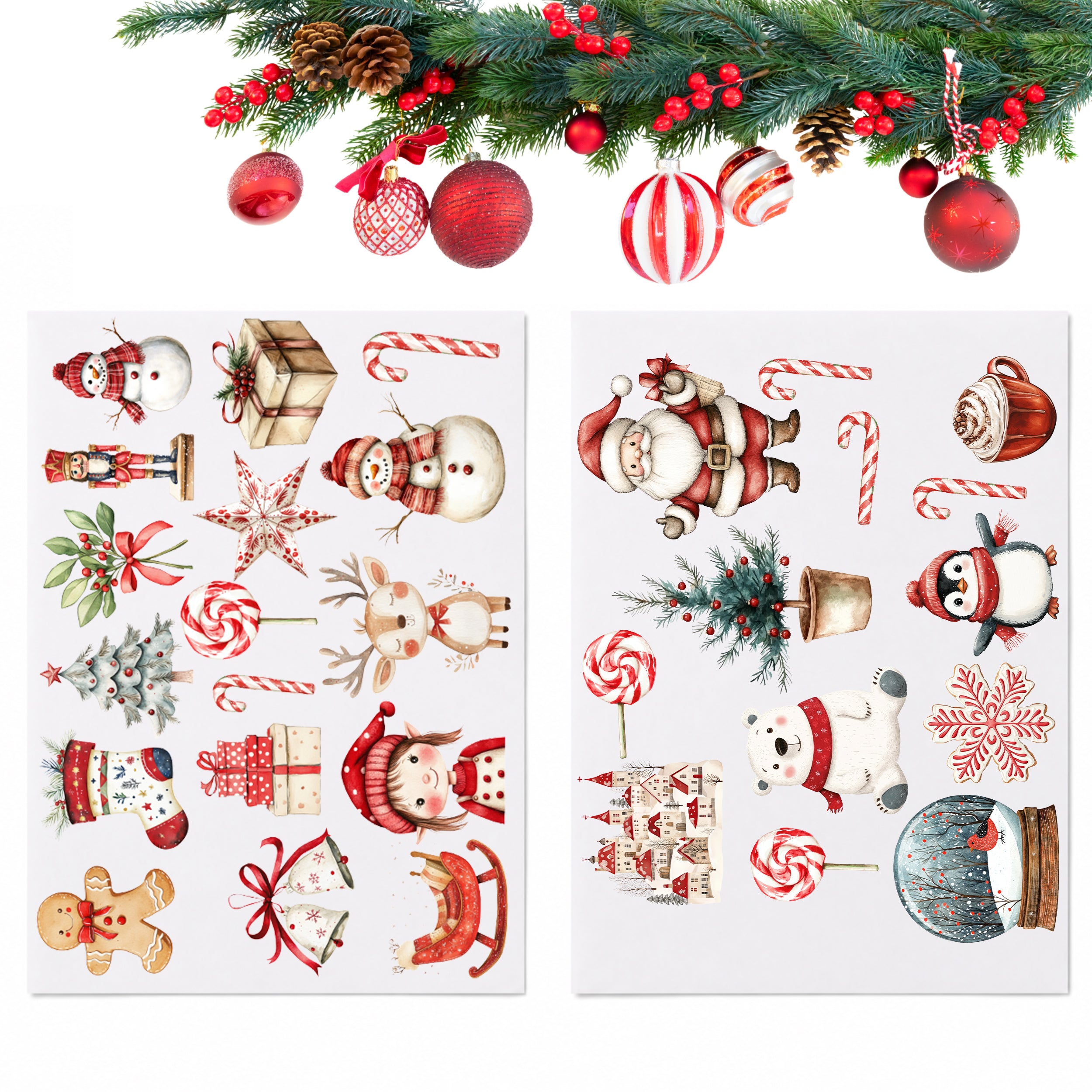 Zwei Bögen mit roten Weihnachtsmotiven unter festlich geschmückten Tannenzweigen