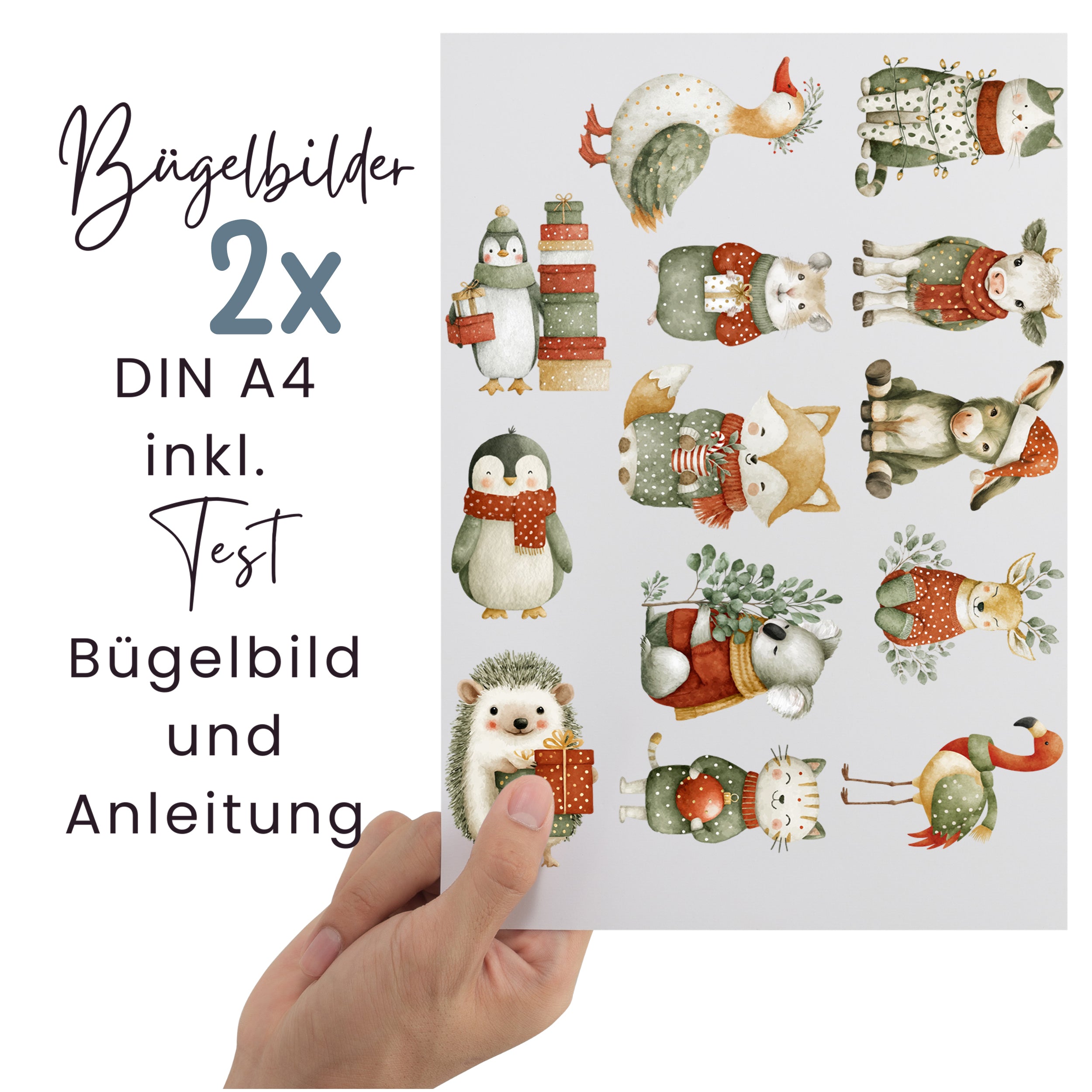 Bügelbilder mit winterlichen Tieren auf zwei DIN-A4-Bögen inklusive Testmotiv und Bügelanleitung