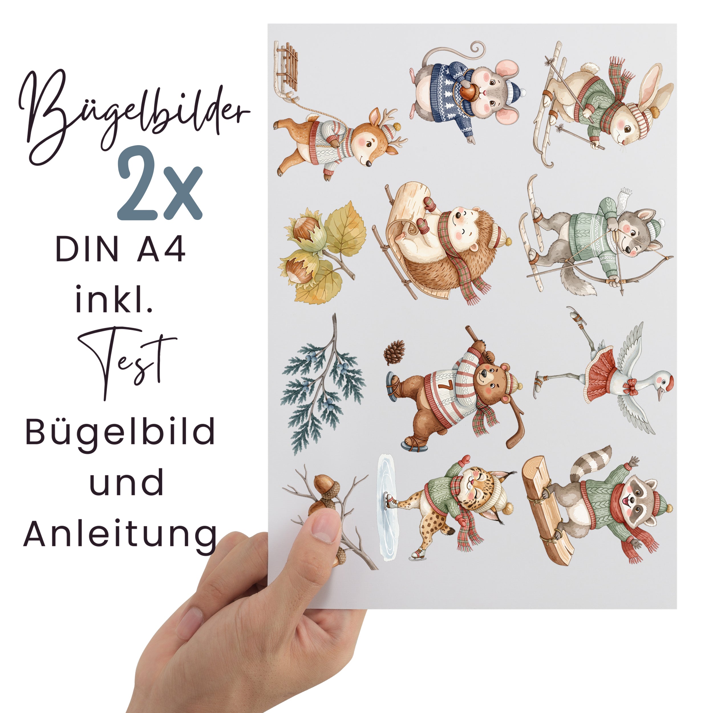 Bügelbilder mit Tieren beim Wintersport auf zwei DIN-A4-Bögen inklusive Testmotiv und Bügelanleitung