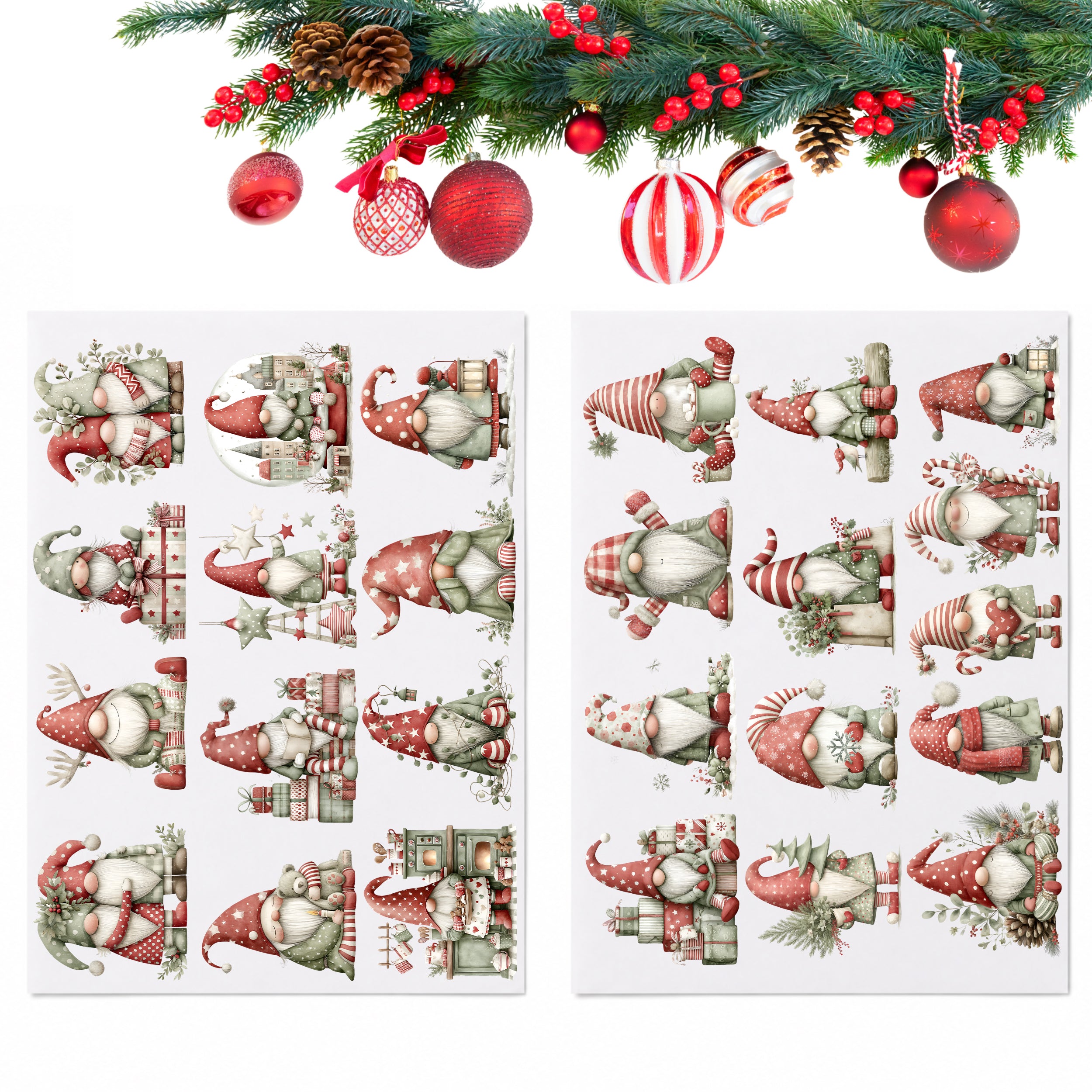 Zwei Bögen mit Weihnachtswichteln, Geschenken und Wintermotiven unter geschmückten Tannenzweigen