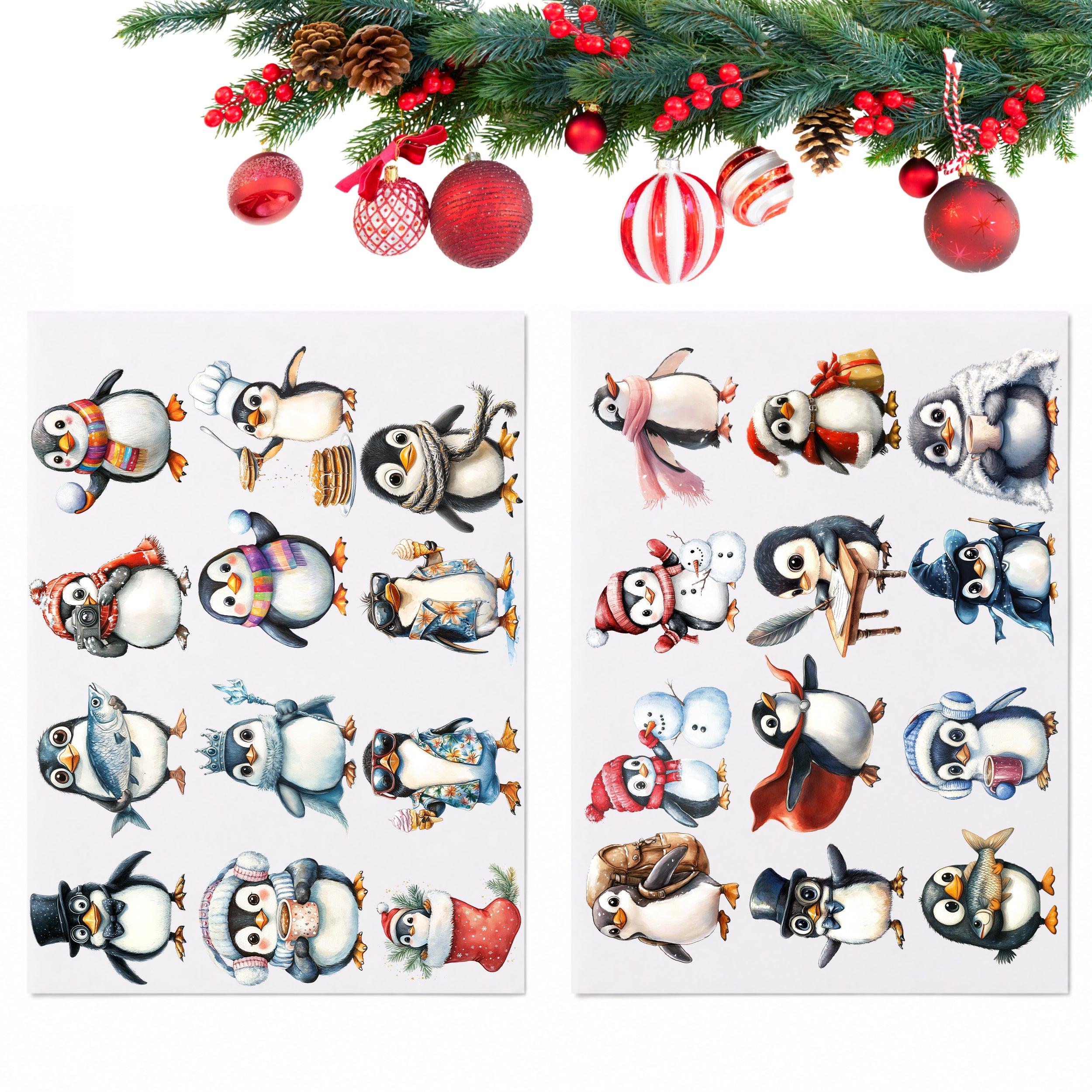 Zwei Bögen mit winterlichen und festlichen Pinguinmotiven unter geschmückten Tannenzweigen