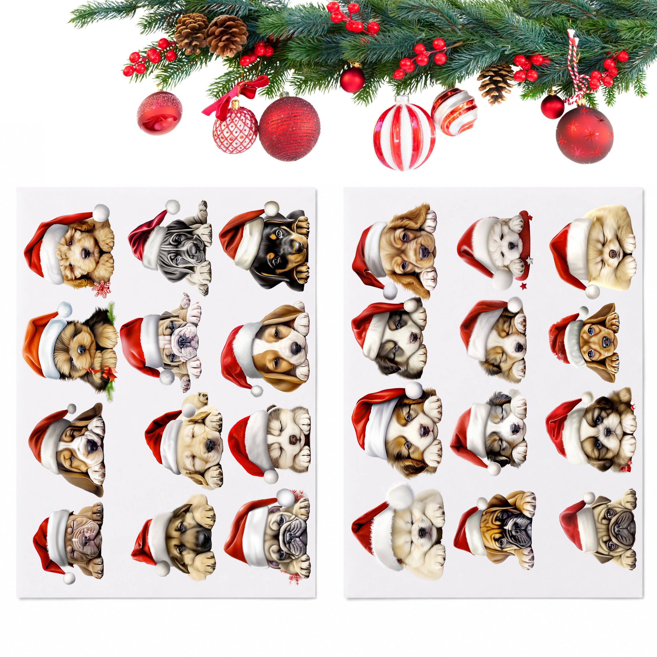 Zwei Bügelbildbögen mit verschiedenen Weihnachtshunden unter geschmückten Tannenzweigen