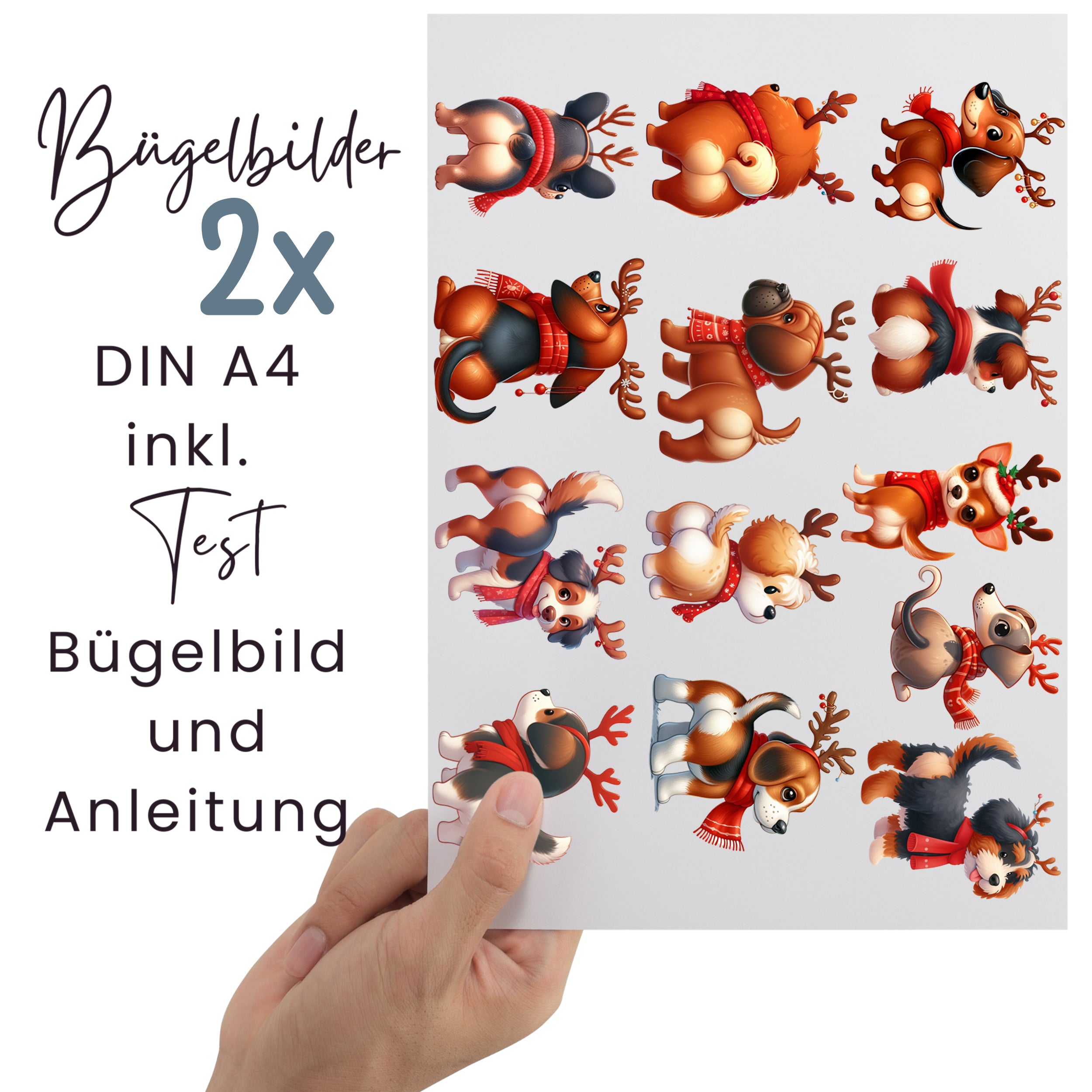 Bügelbilder mit Weihnachtshunden und Rentiergeweihen auf zwei DIN-A4-Bögen inklusive Testmotiv und Bügelanleitung