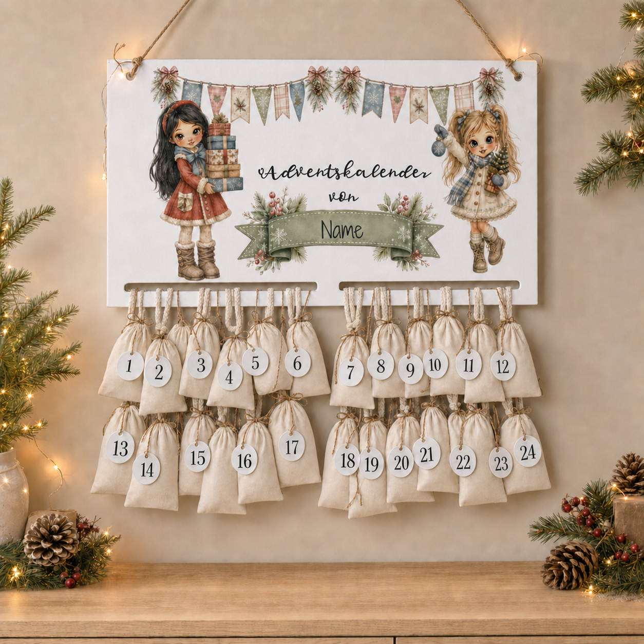 Personalisierter Adventskalender mit Weihnachtsmädchen-Motiv, 24 Zahlenanhängern und Baumwollbeuteln