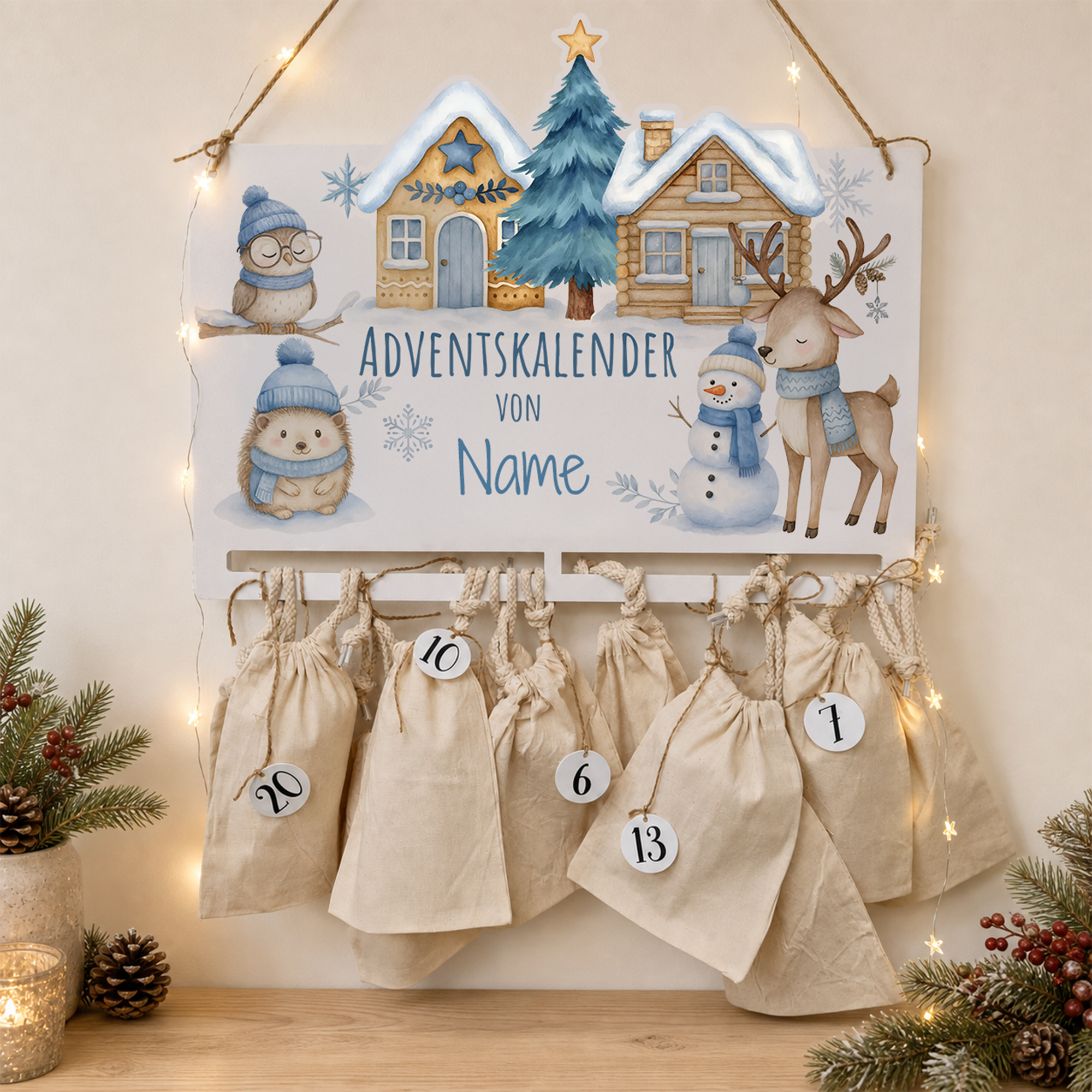 Personalisierter Adventskalender mit Eule, Igel, Rentier, Zahlenanhängern und Baumwollbeuteln