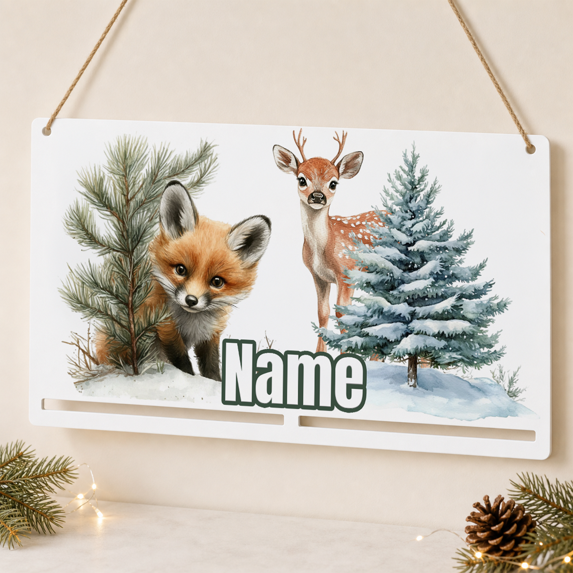 Personalisierte Adventskalender-Motivplatte mit Fuchs, Reh im Winterwald und Wunschname