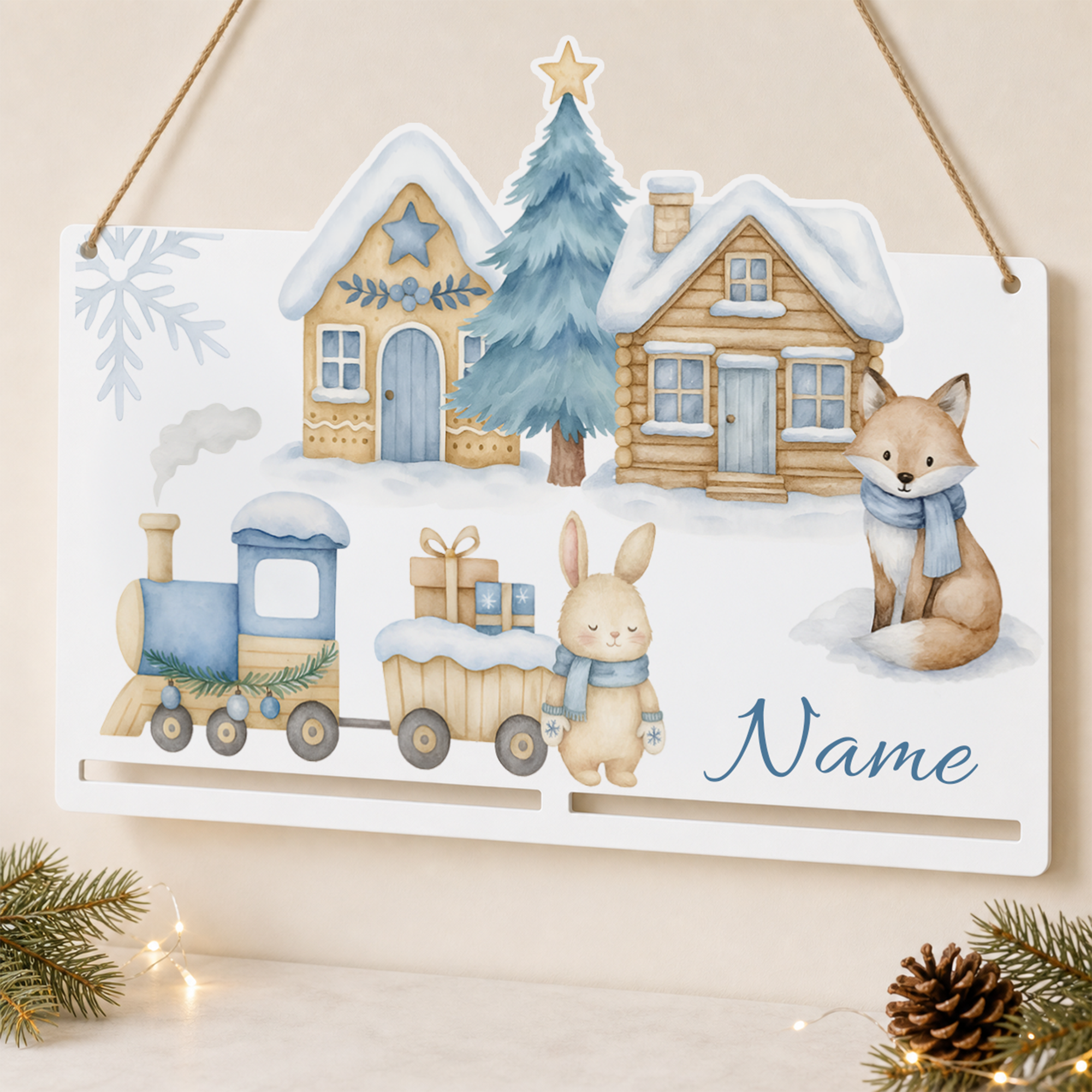 Personalisierte Adventskalender-Motivplatte mit Winterzug, Hase, Fuchs und Wunschname