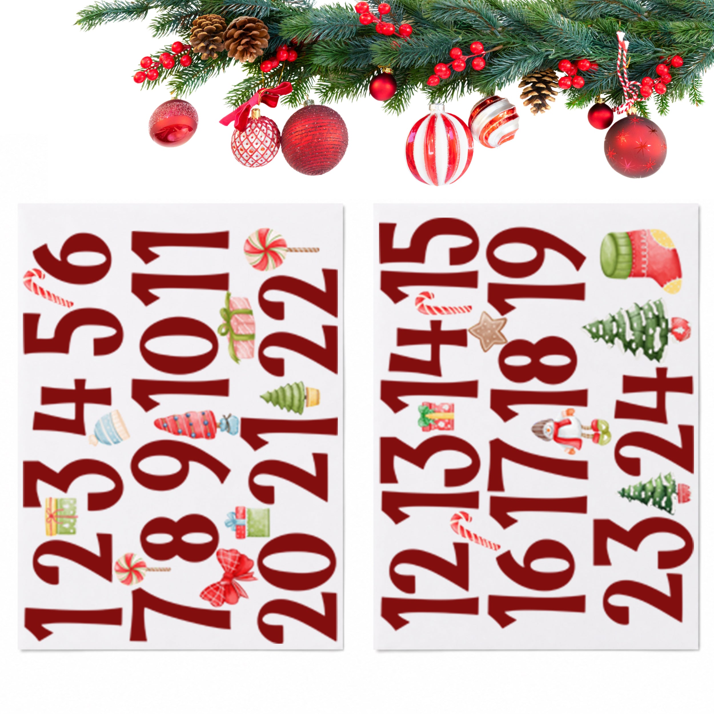 Beide DIN-A4-Bögen mit roten Zahlen und kleinen weihnachtlichen Bügelmotiven.