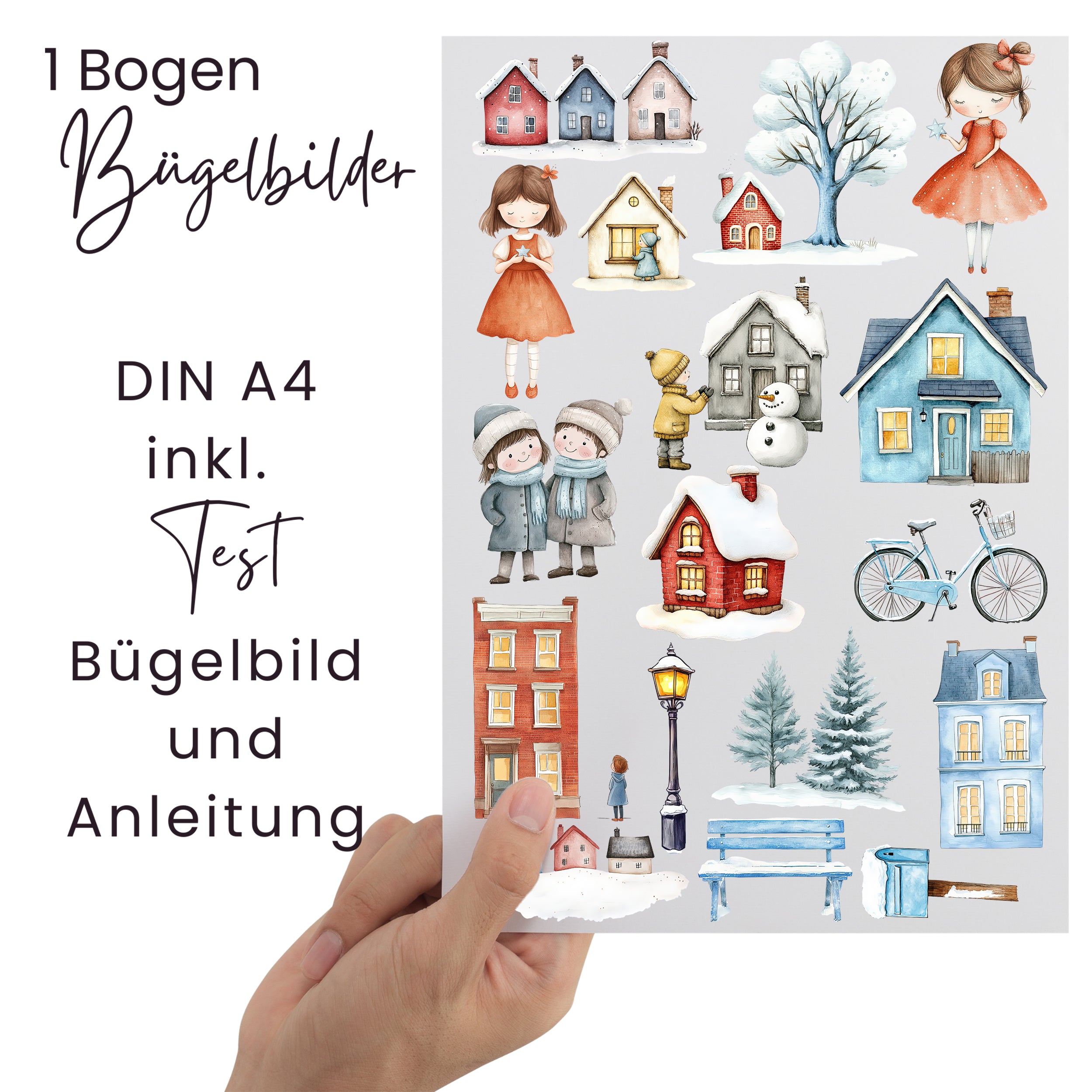 Lieferumfang der Winterdorf-Bügelbilder mit DIN-A4-Bogen, Testmotiv und Bügelanleitung