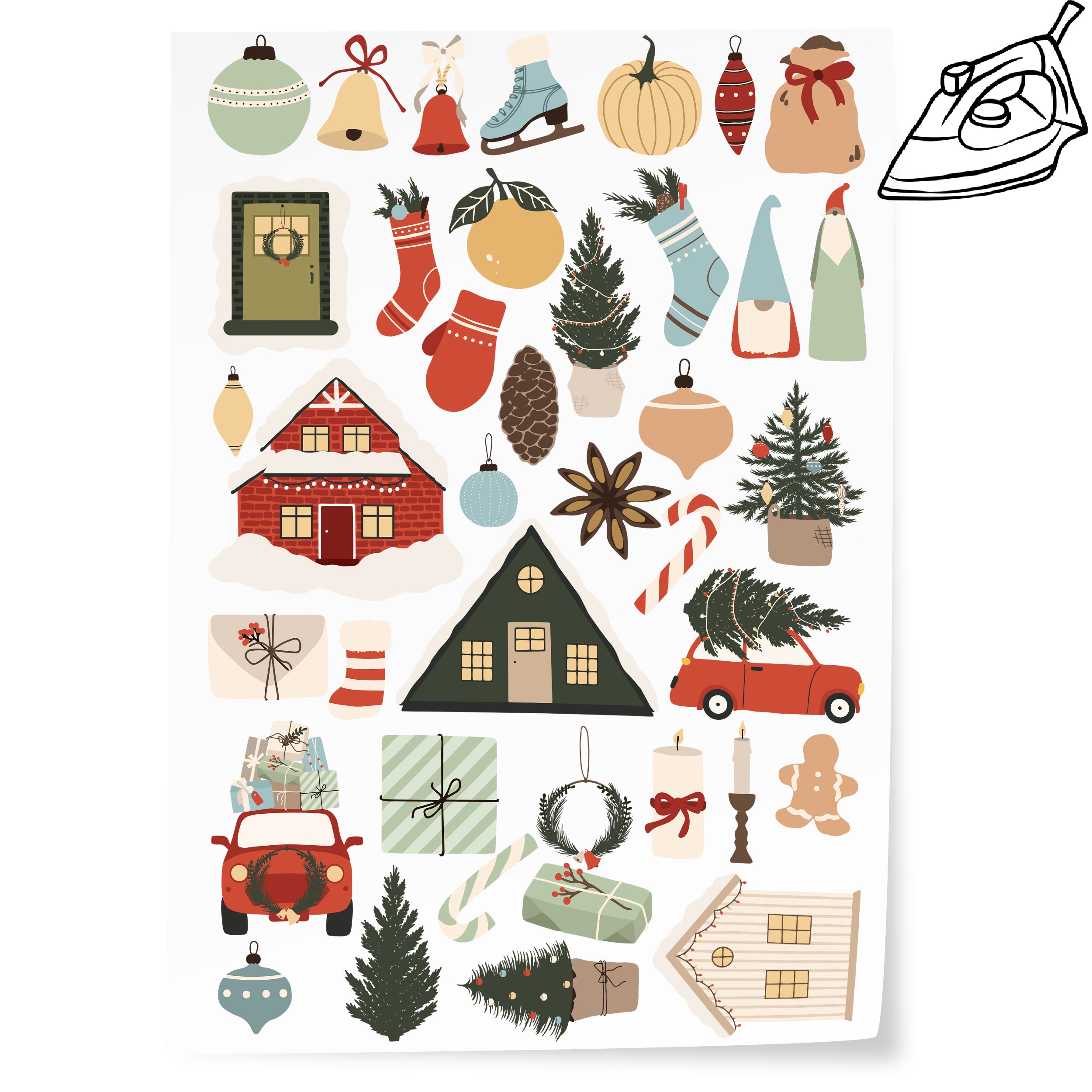DIN-A4-Bogen mit weihnachtlichen Bügelbildern wie Häusern, Tannenbäumen, Geschenken, Kugeln und Wichteln