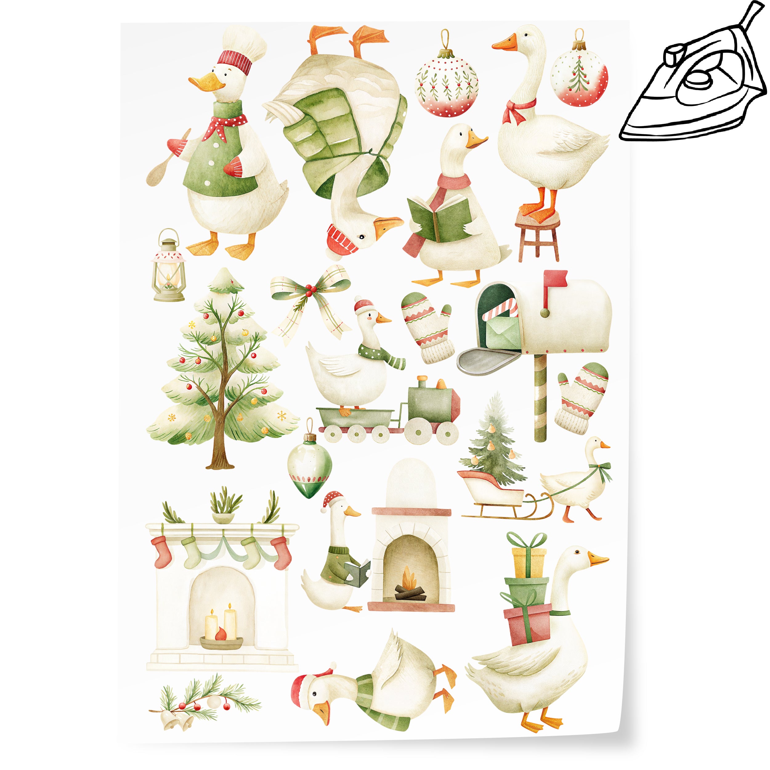 DIN-A4-Bogen mit weihnachtlichen Bügelbildern mit Gänsen, Tannenbaum, Kamin, Geschenken und Christbaumkugeln