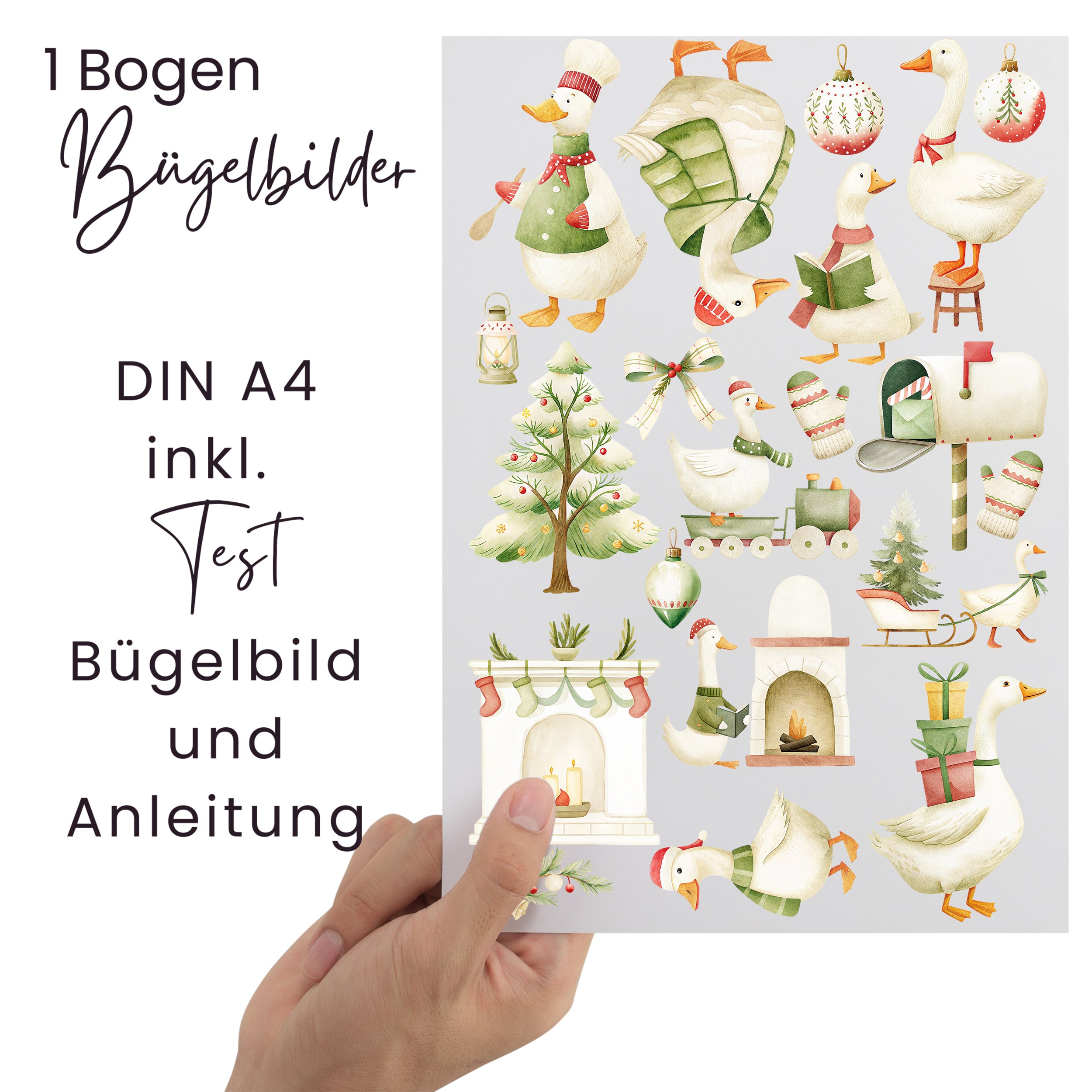 Lieferumfang der Gänse-Weihnachtsbügelbilder mit DIN-A4-Bogen, Testmotiv und Bügelanleitung