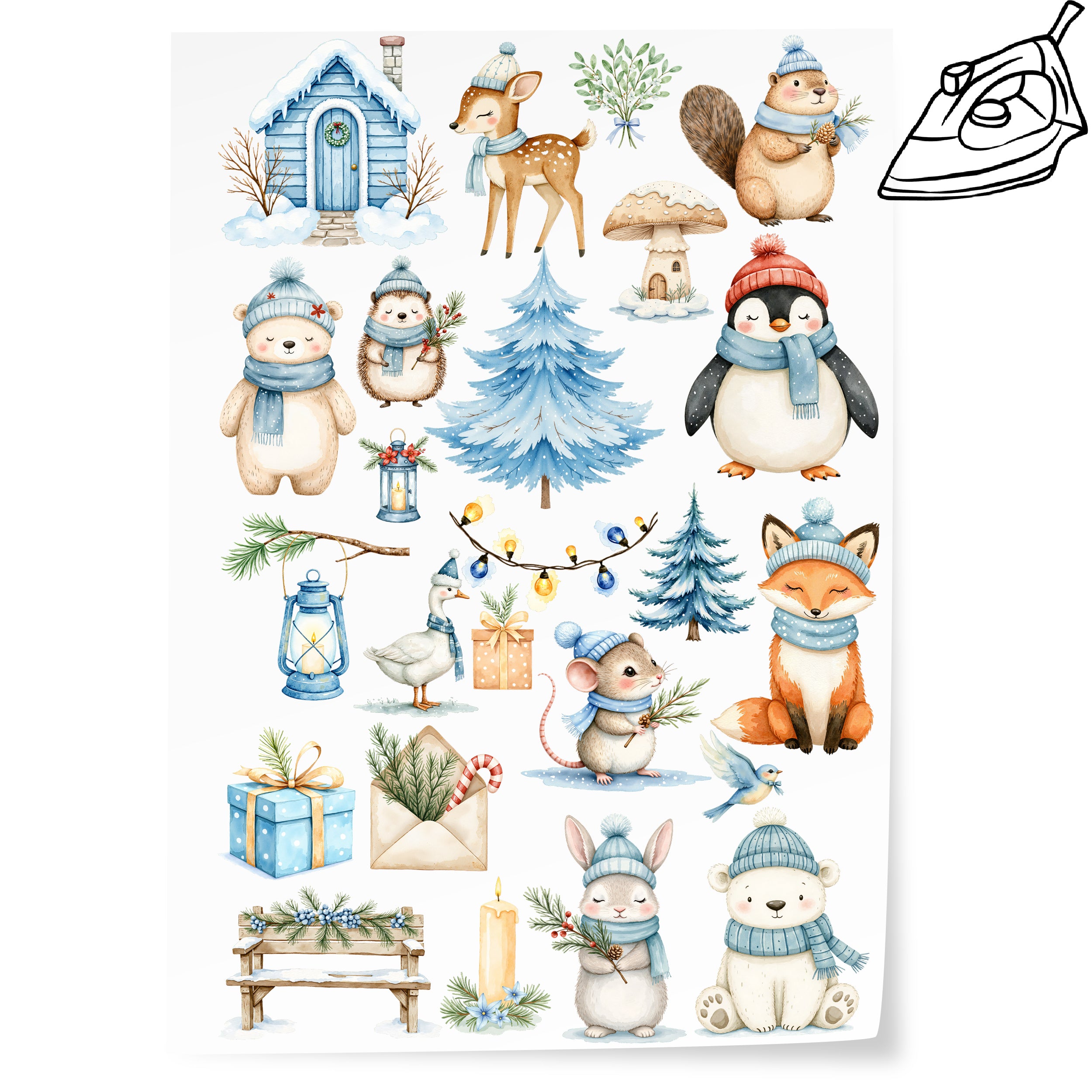 DIN-A4-Bogen mit winterlichen Tier-Bügelbildern wie Fuchs, Reh, Bär, Pinguin, Hase und verschneiten Tannenbäumen