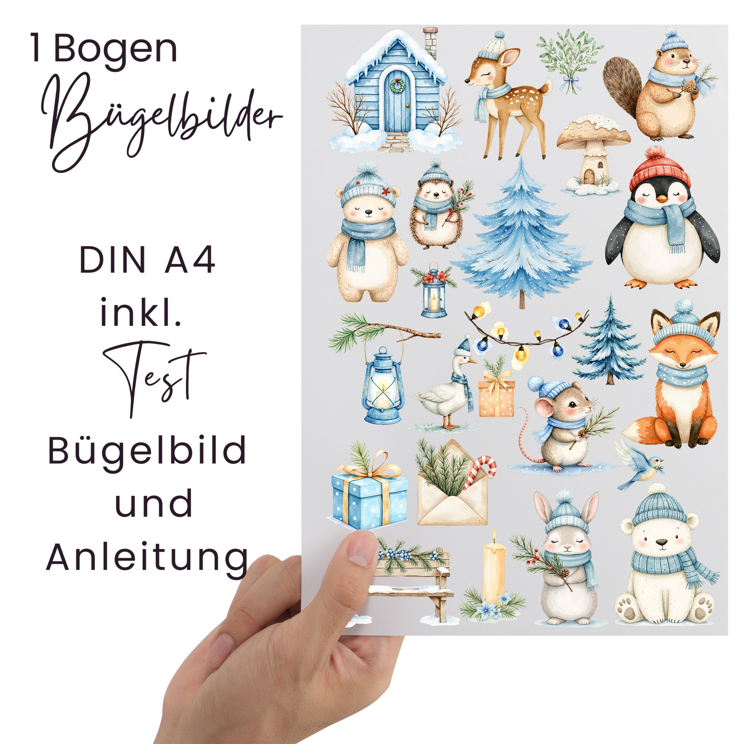 Lieferumfang der Wintertier-Bügelbilder mit DIN-A4-Bogen, Testmotiv und Bügelanleitung