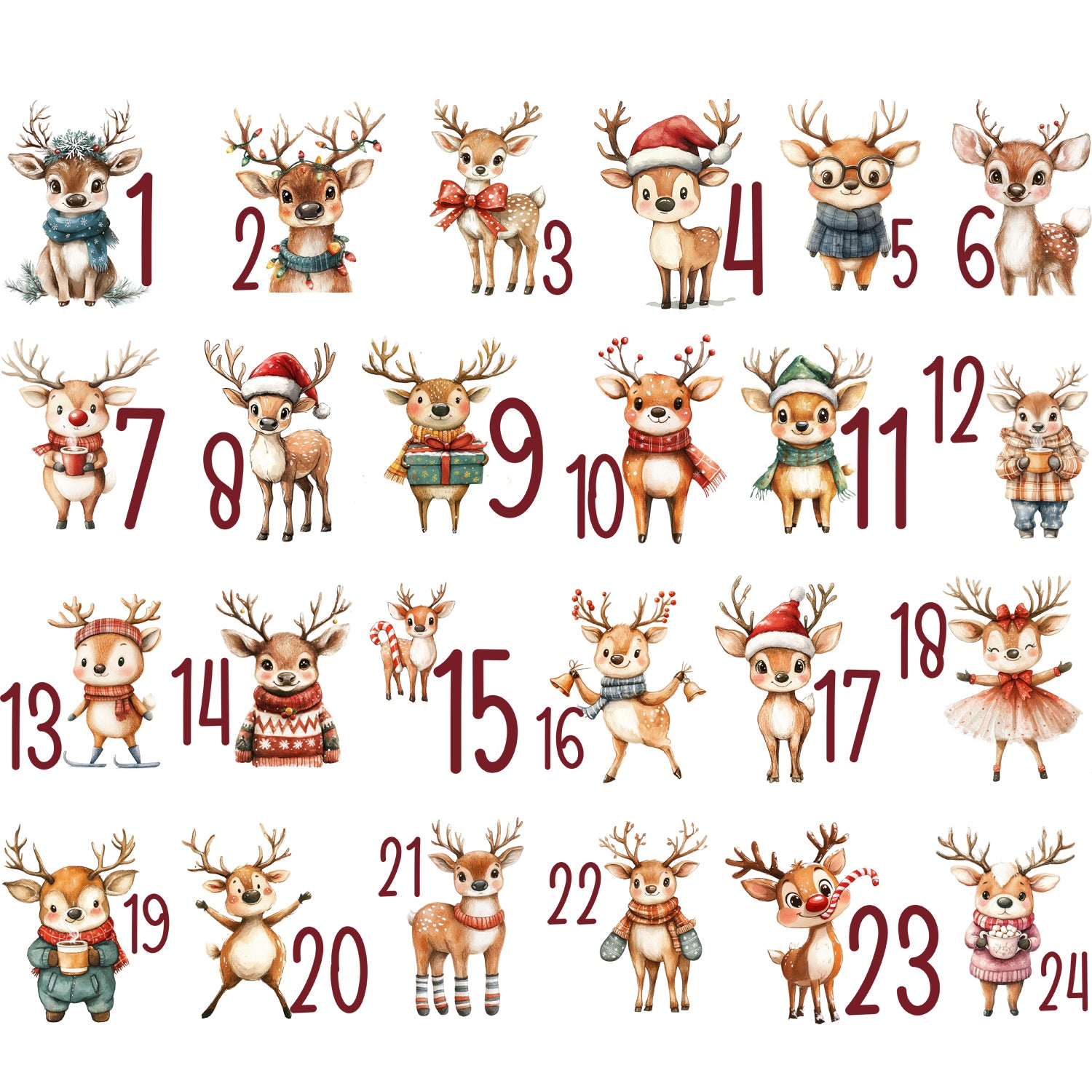 24 Bügelbilder mit nummerierten Weihnachtsrentieren für einen Adventskalender