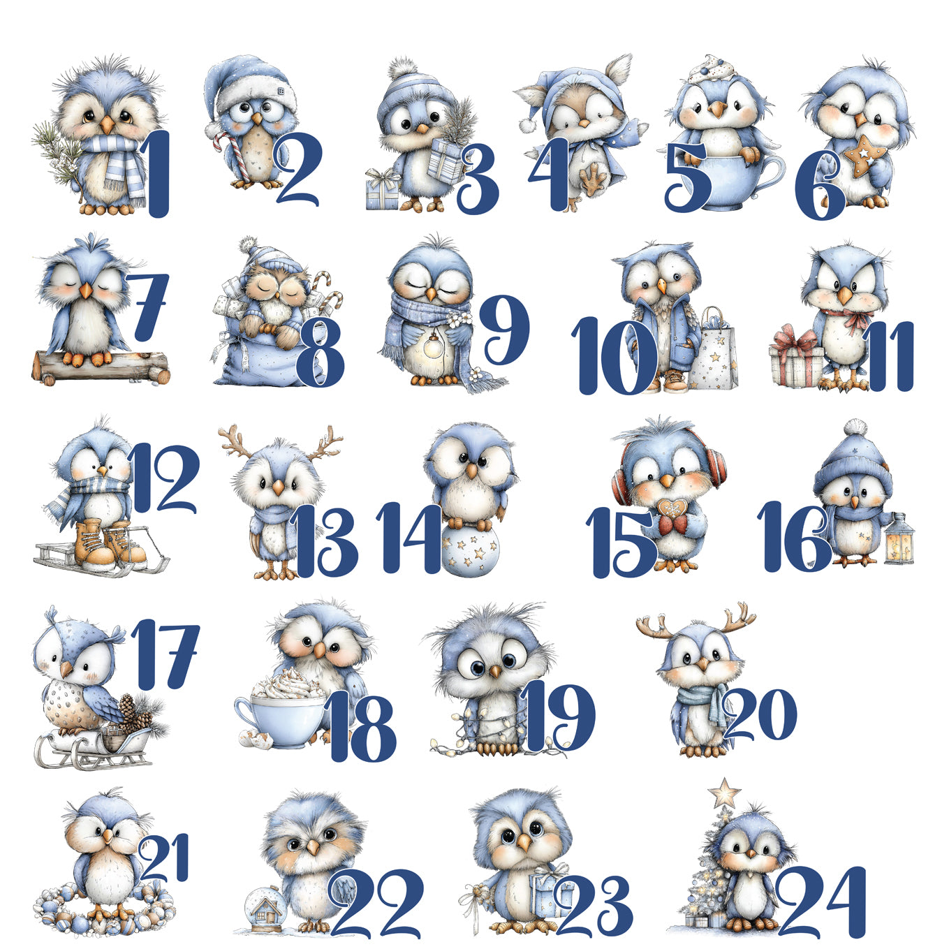 24 Bügelbilder mit blau-weißen Wintereulen und Adventskalender-Zahlen 1 bis 24