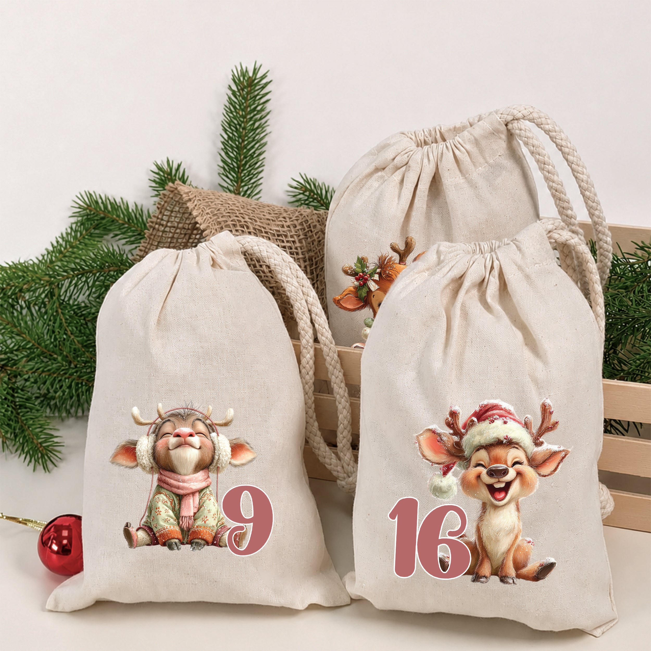 Adventskalender mit Rentieren in Rosa auf bedruckten Stoffbeuteln, Zahlen 9 und 16