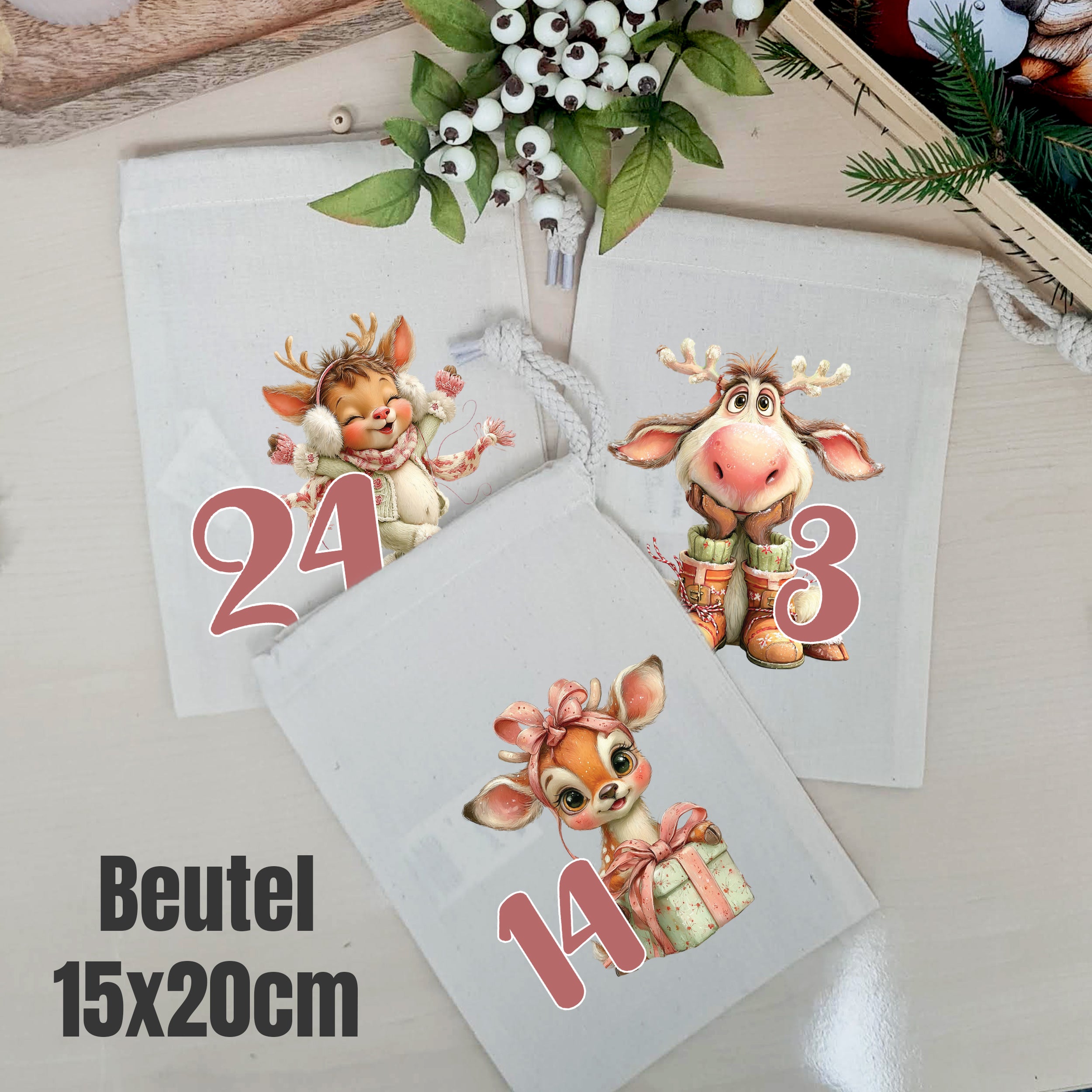 Bedruckte Adventskalender-Beutel 15 × 20 cm mit Rentieren und Zahlen 3, 14 und 24
