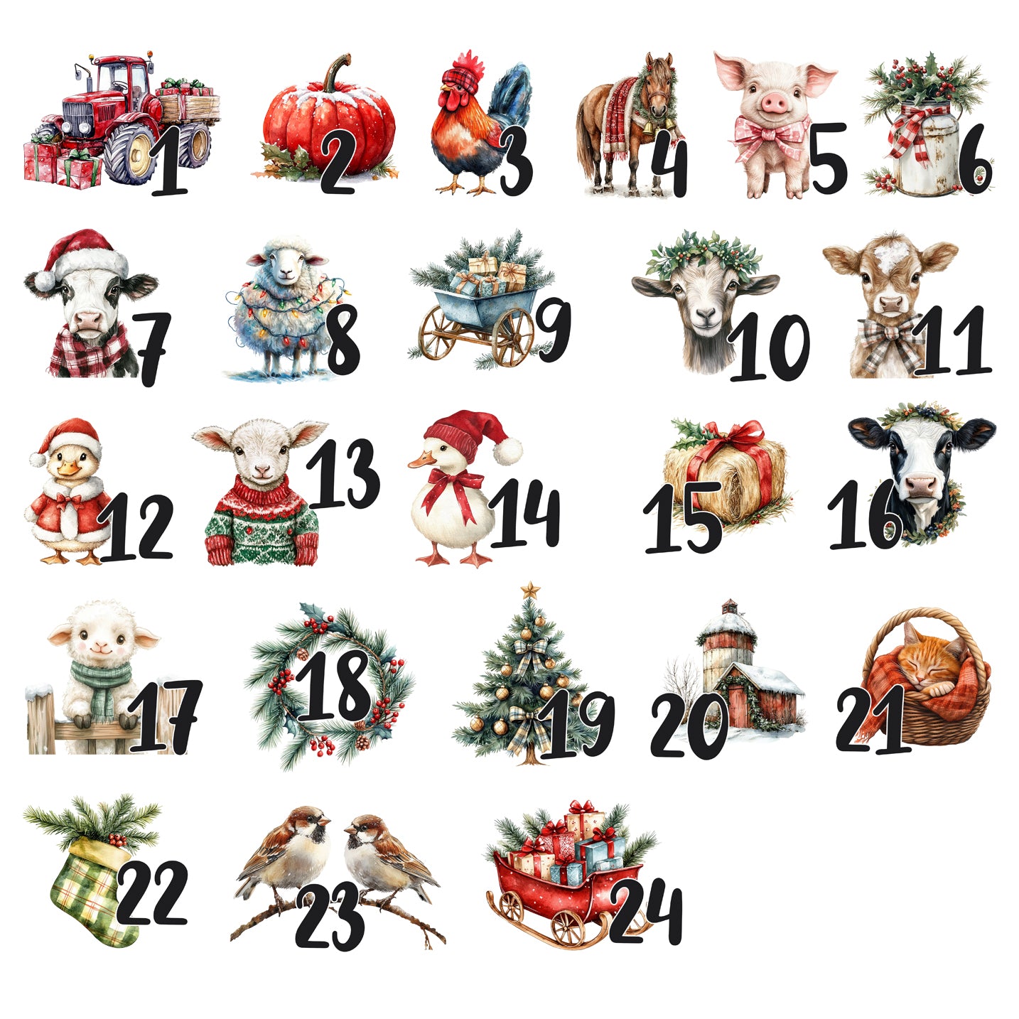 24 Bügelbilder mit winterlichen Bauernhofmotiven und Adventskalender-Zahlen 1 bis 24