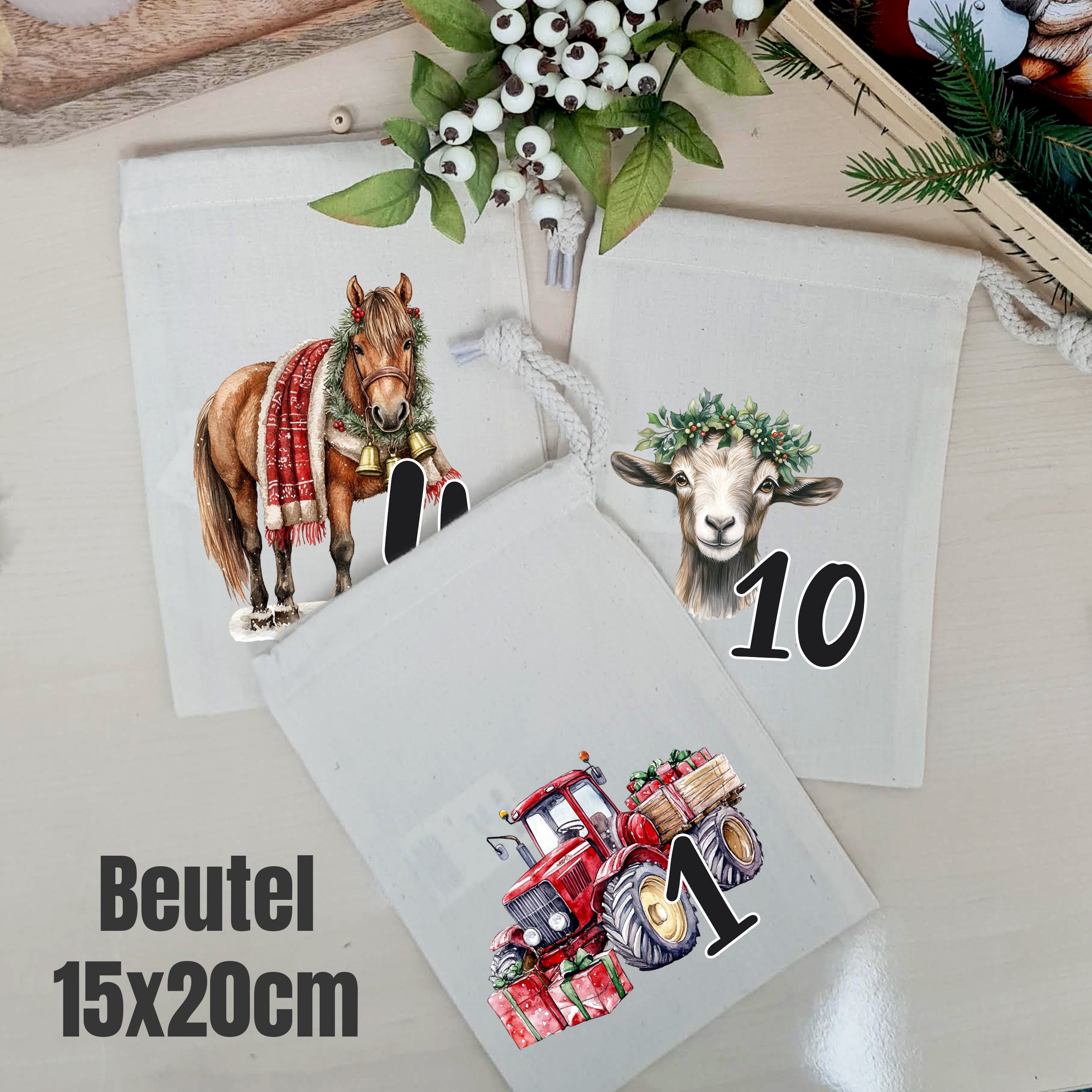 Bedruckte Adventskalender-Beutel 15 × 20 cm mit Pferd, Ziege und Traktor