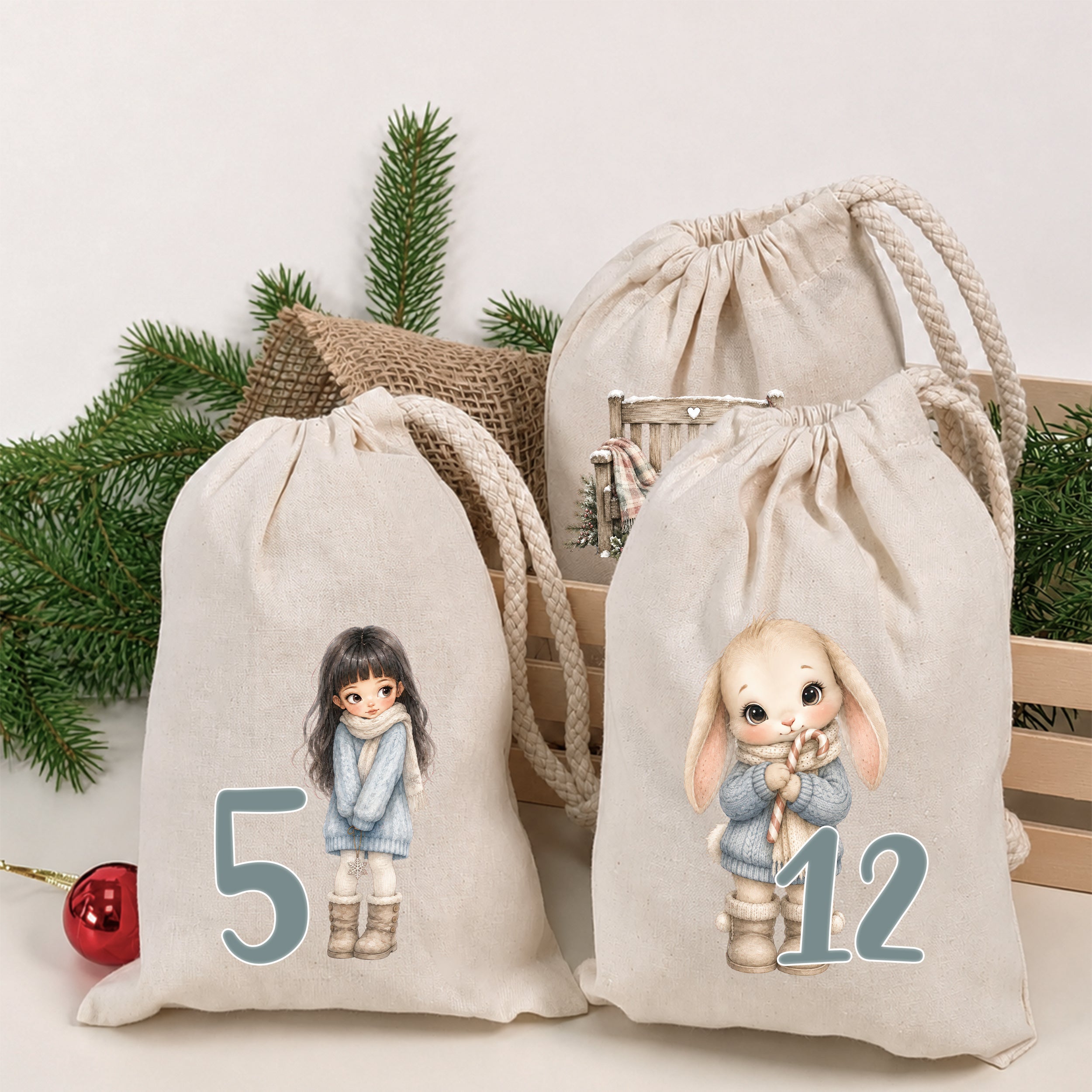 Adventskalender Winterfreunde auf bedruckten Stoffbeuteln mit Mädchen und Hase
